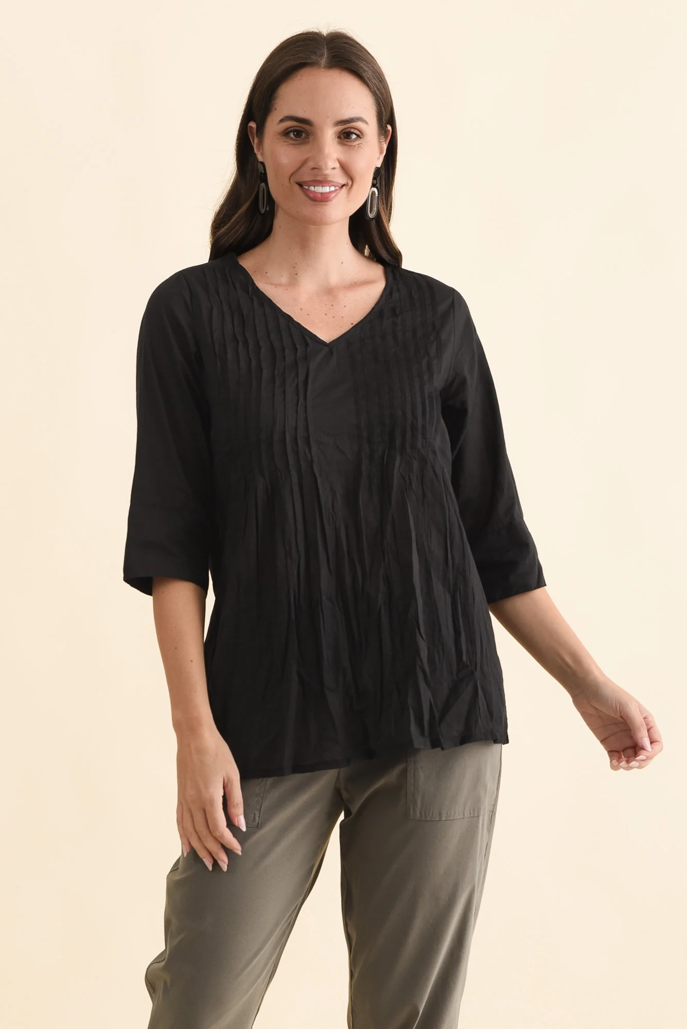 Fia Black Sleeved Crinkle Cotton Top - Image 2