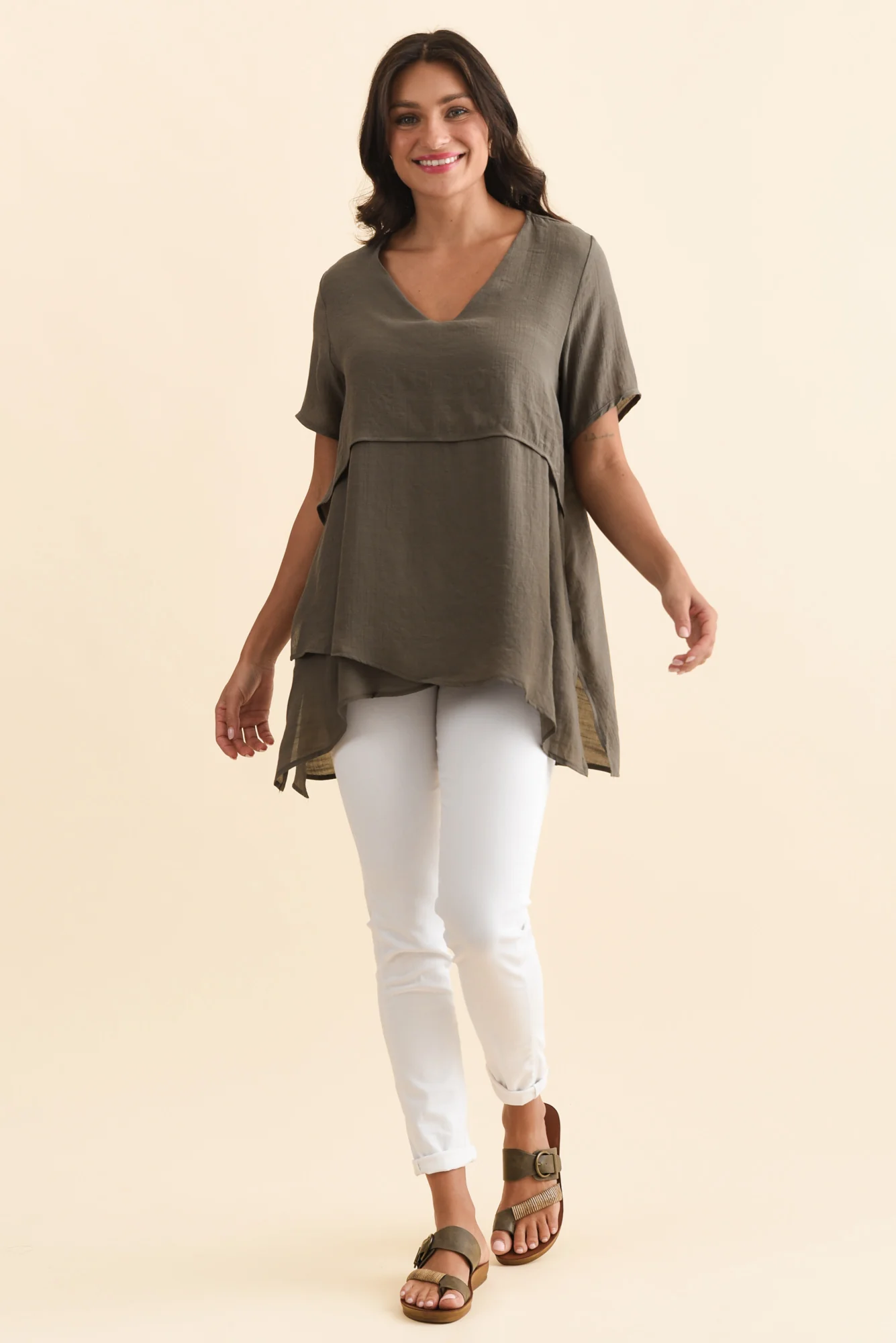 Alvina Khaki Layered Tunic Top - Image 2