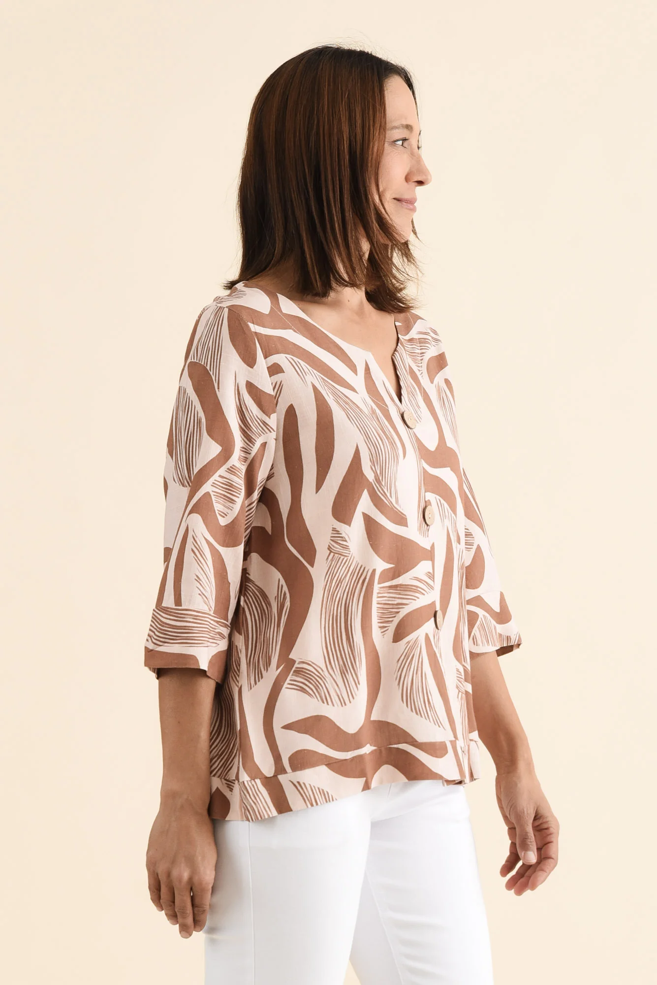Augusta Tan Abstract Linen Cotton Top - Image 3