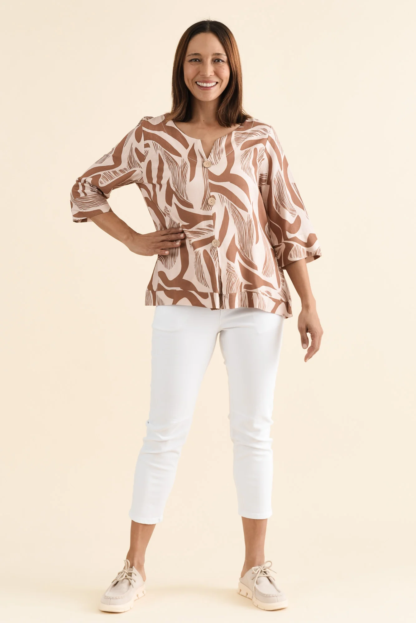 Augusta Tan Abstract Linen Cotton Top - Image 6