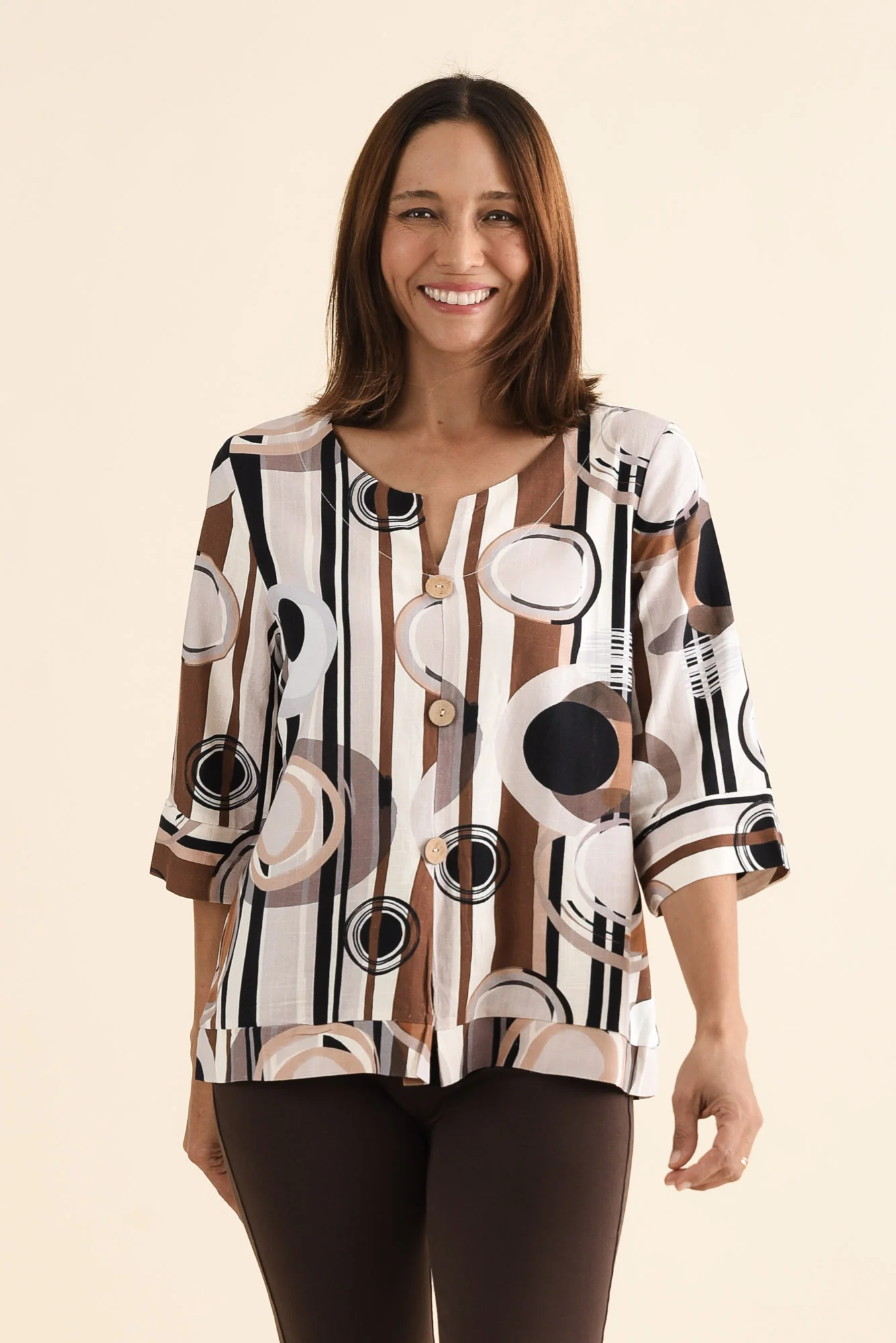 Augusta Tan Geo Linen Cotton Top