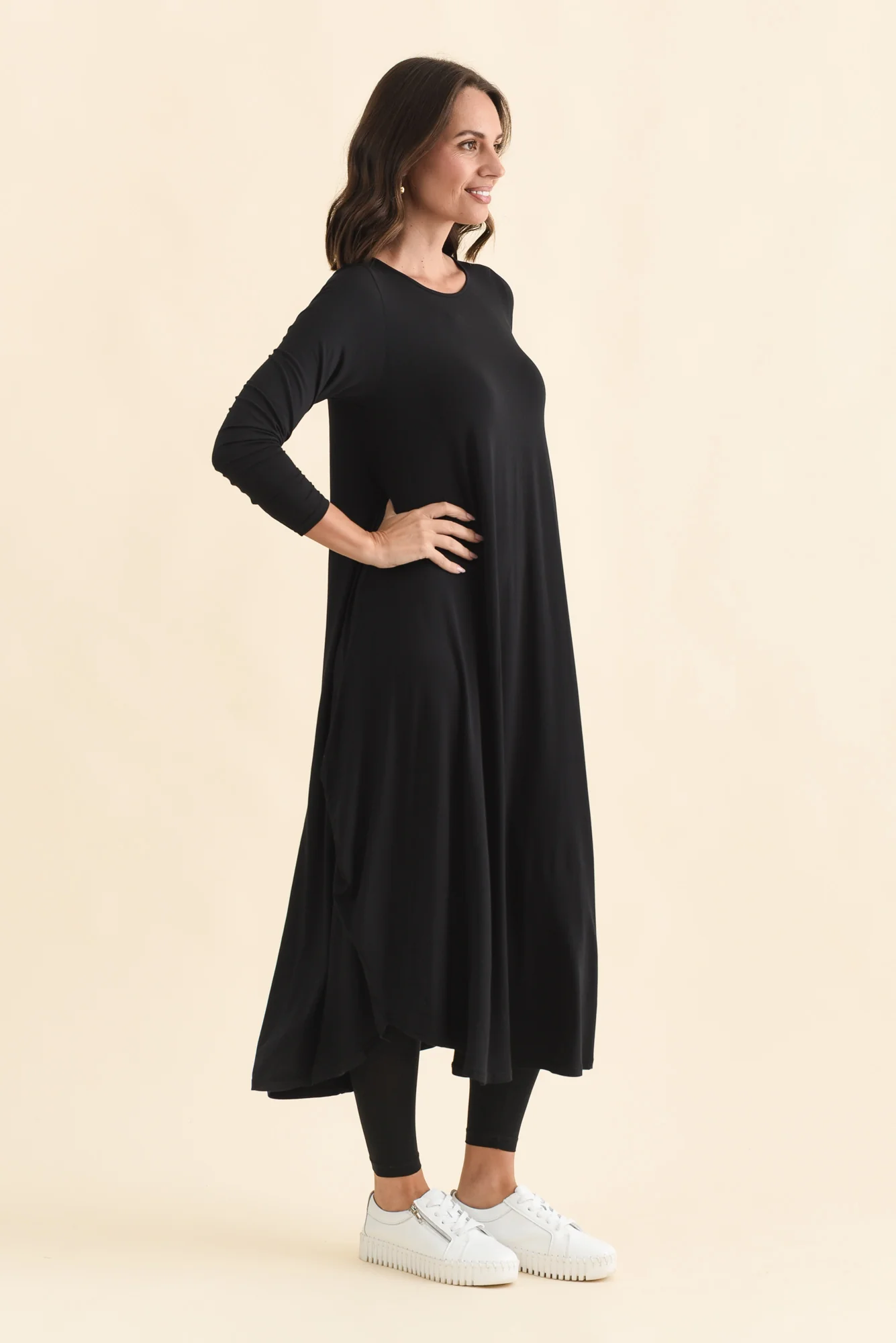 Black Long Sleeved Micro Modal Drape Dress - Image 3