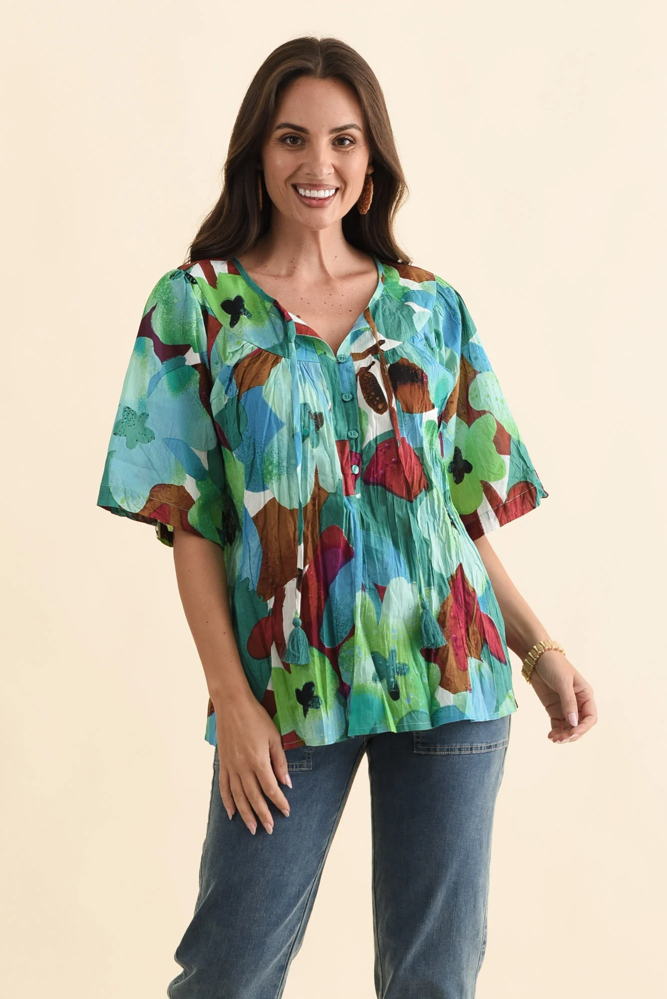 Claris Teal Flower Crinkle Cotton Top - Image 2