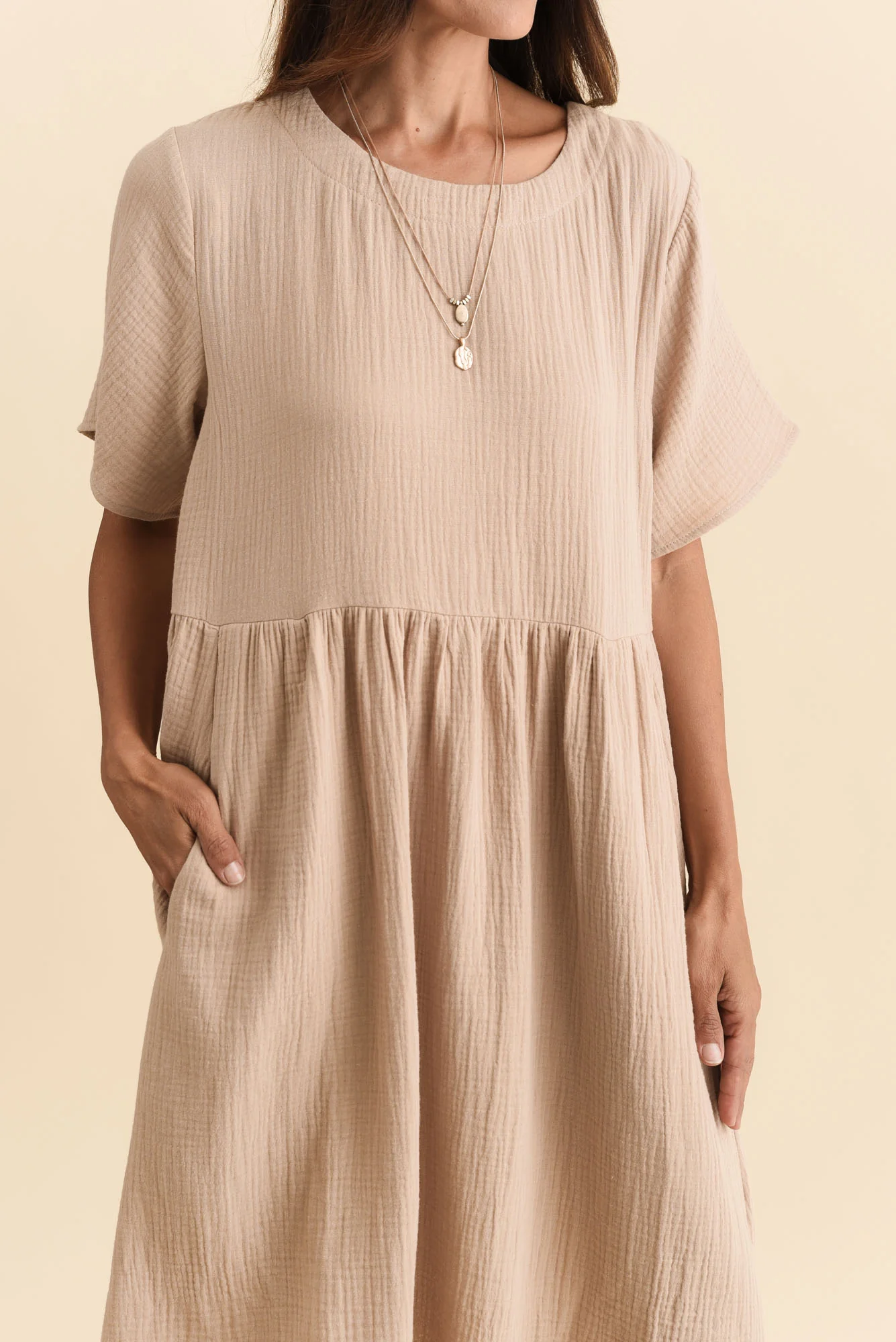 Cloud Gauze Beige Cotton Pocket Dress - Image 6