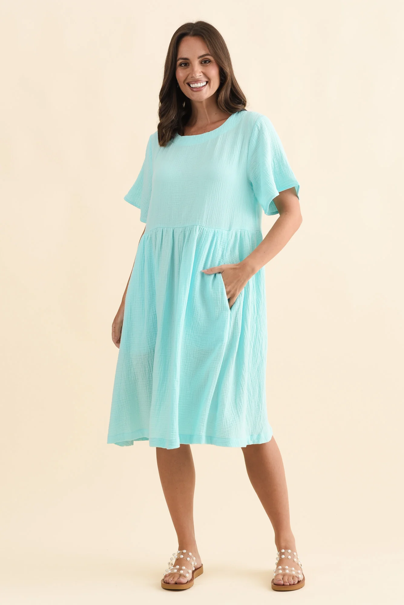 Cloud Gauze Light Blue Cotton Pocket Dress - Image 7