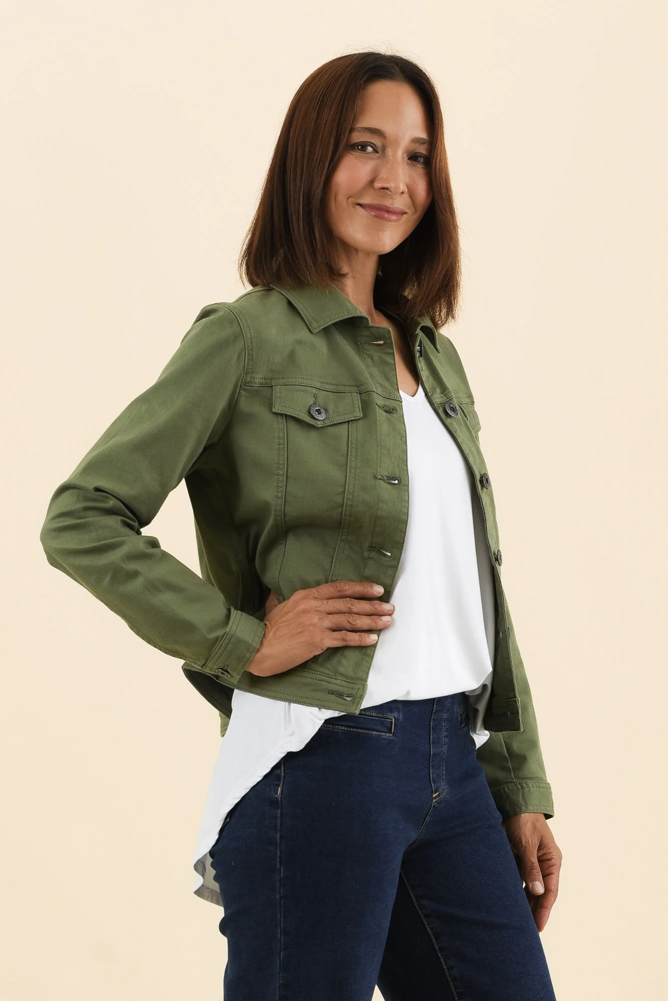 Danielle Khaki Stretch Jean Jacket - Image 4