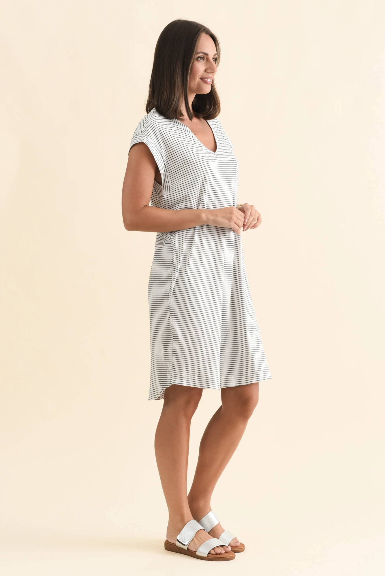 Daphne Black Stripe Cotton V Neck Dress - Image 3