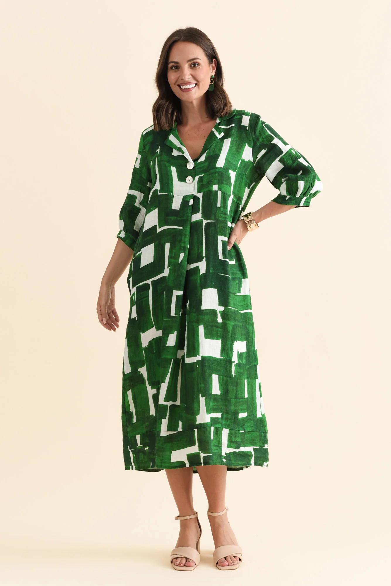 Daria Green Geo Linen Collared Dress