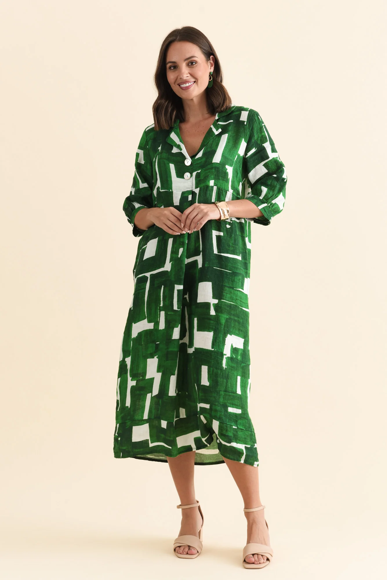 Daria Green Geo Linen Collared Dress - Image 6