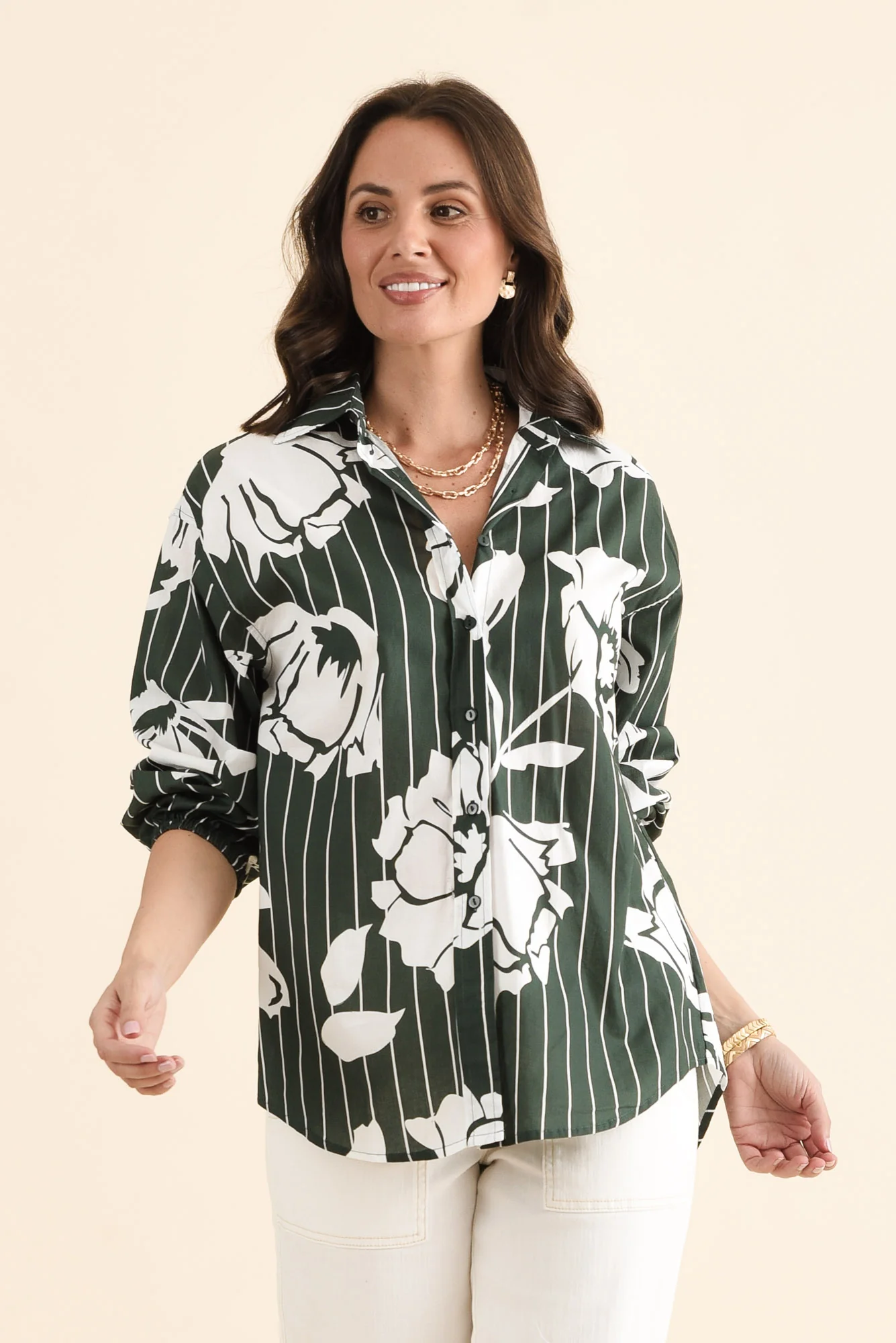 Darline Green Floral Stripe Cotton Shirt