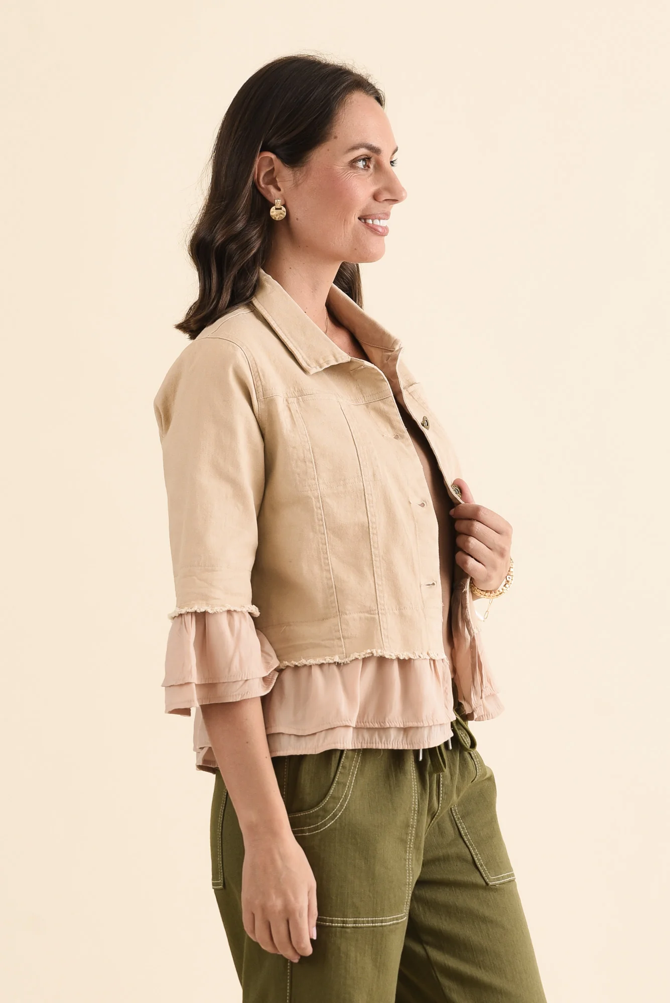 Dolores Beige Cotton Frill Jacket - Image 3