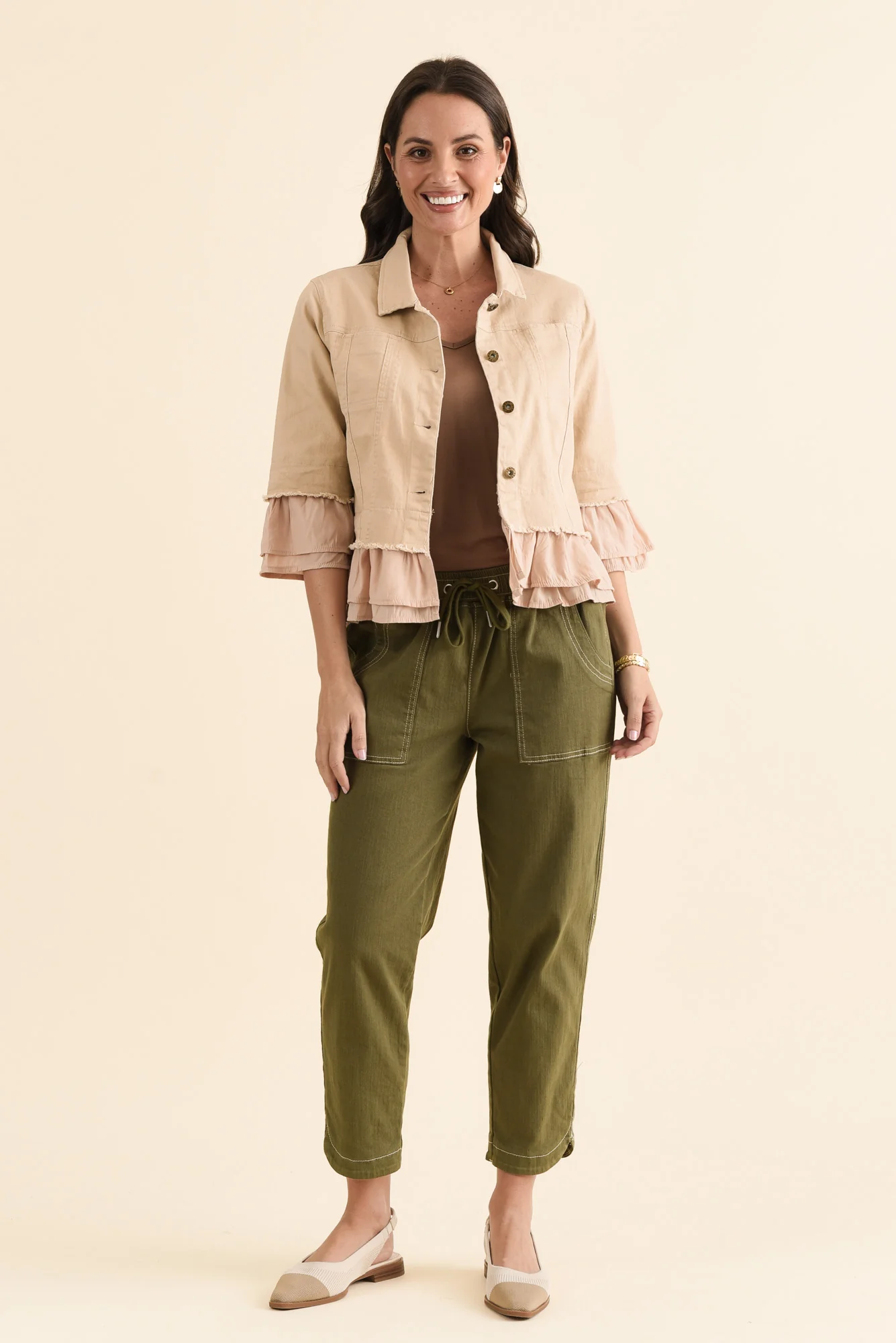 Dolores Beige Cotton Frill Jacket - Image 6