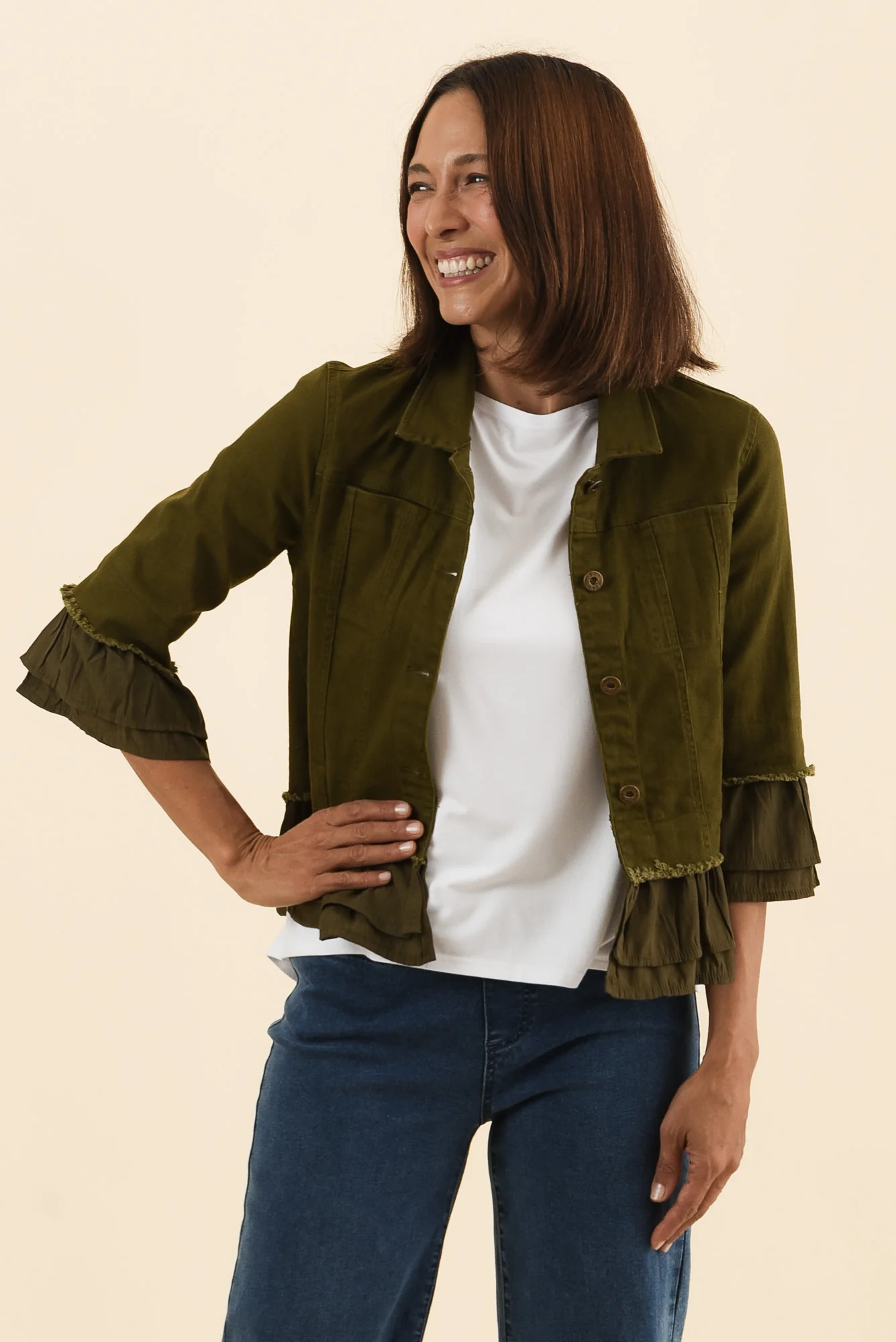 Dolores Khaki Cotton Frill Jacket