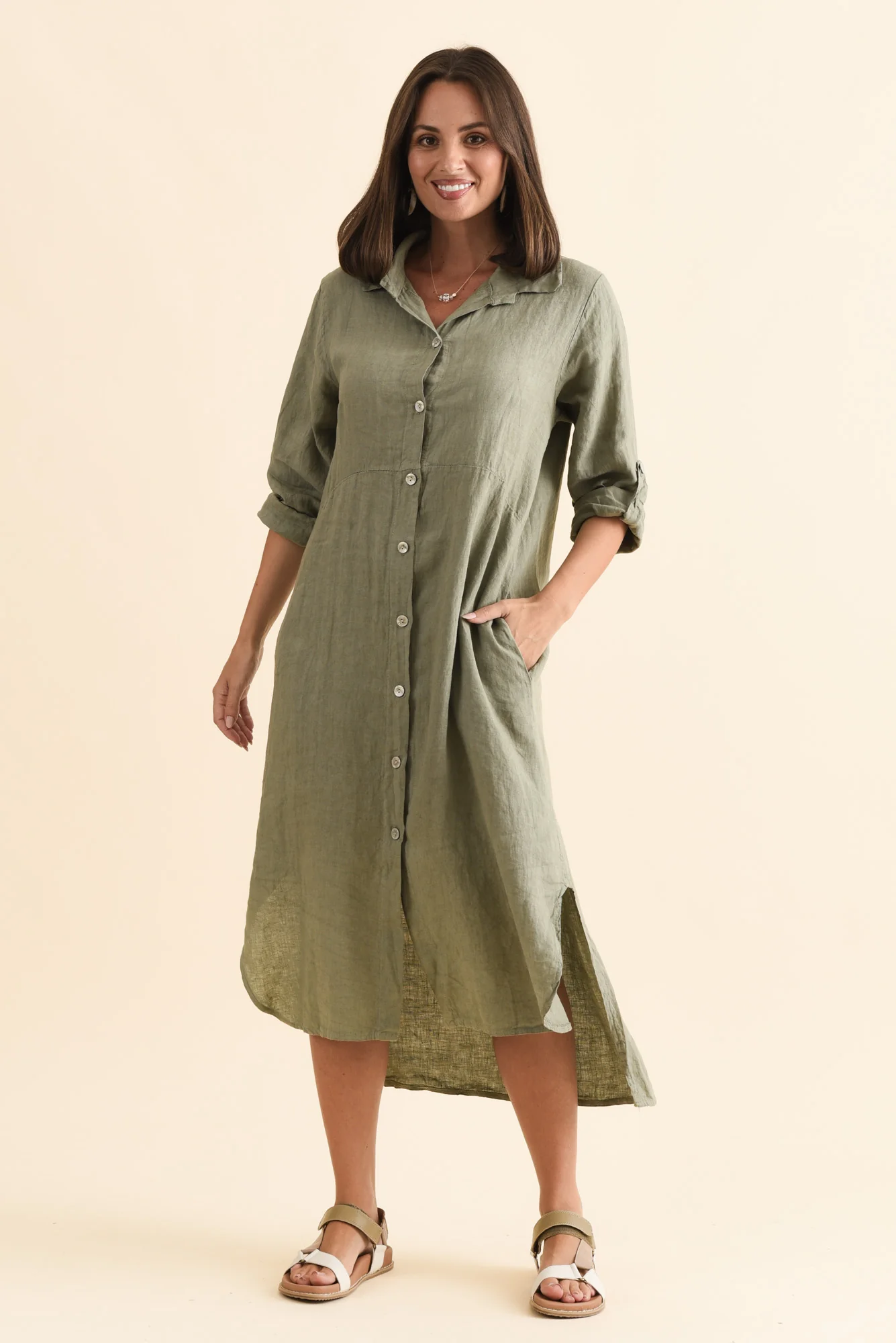 Elin Khaki Linen Shirt Dress