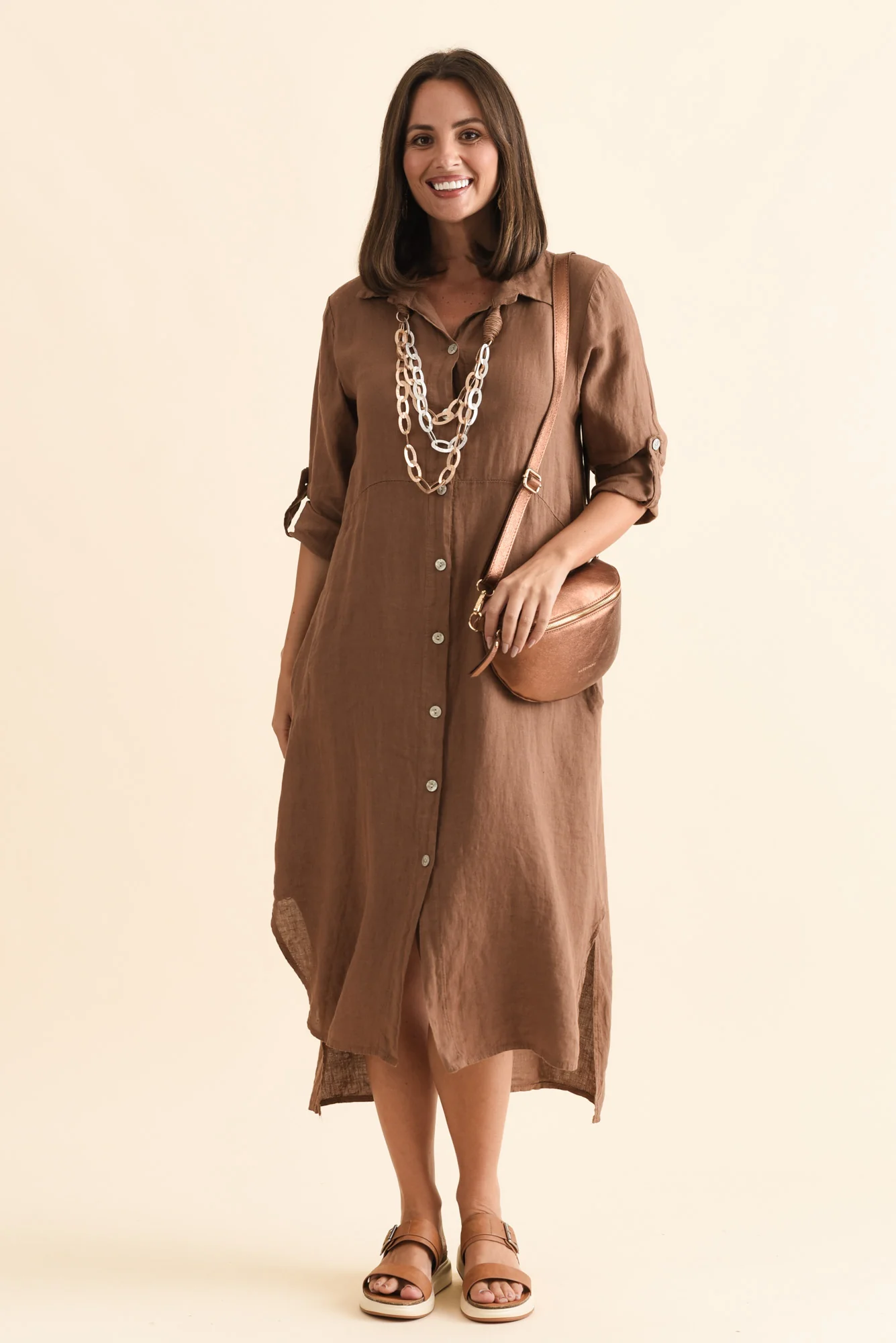 Elin Mocha Linen Shirt Dress