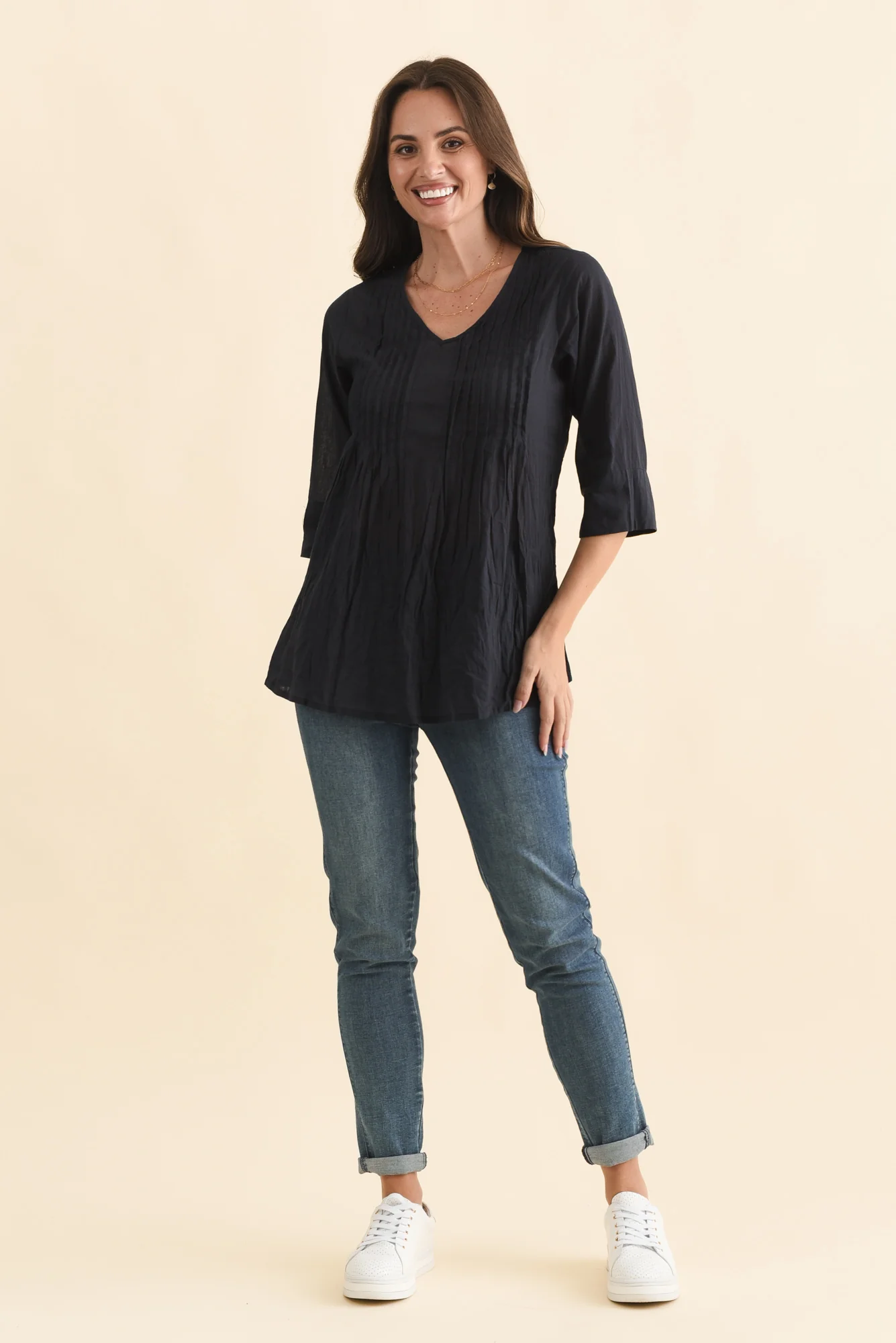 Fia Navy Sleeved Crinkle Cotton Top - Image 2