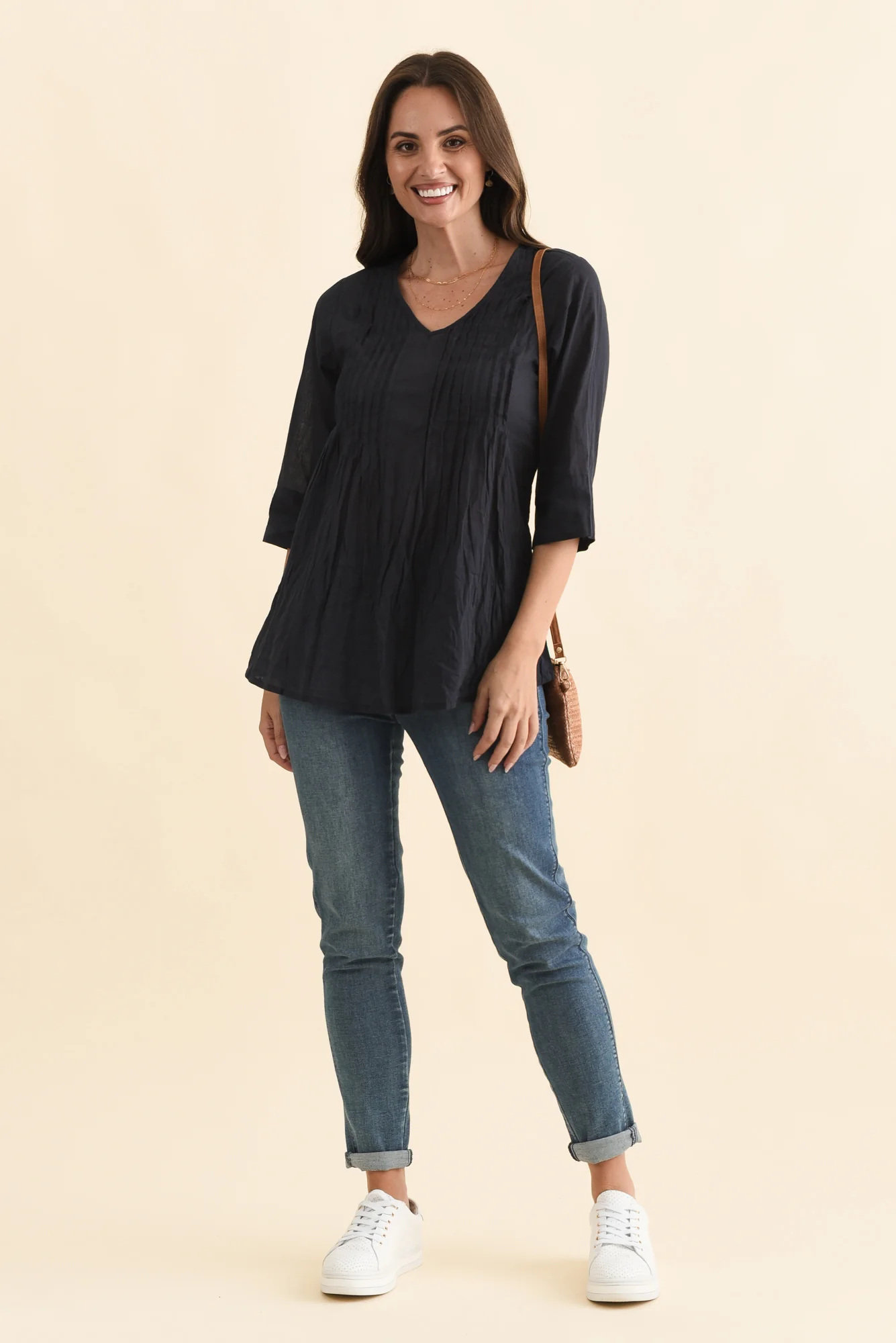 Fia Navy Sleeved Crinkle Cotton Top - Image 6