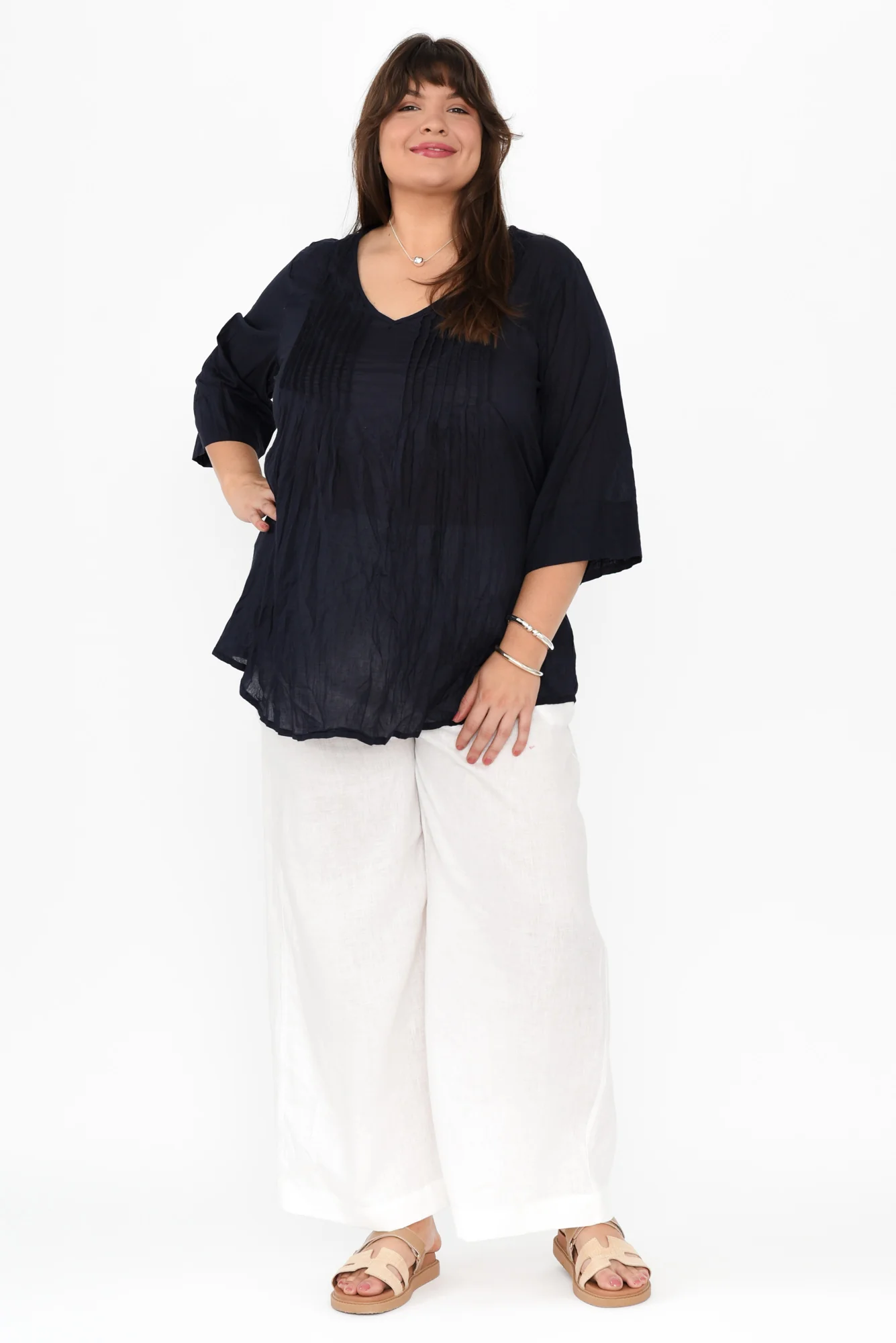 Fia Navy Sleeved Crinkle Cotton Top - Image 8