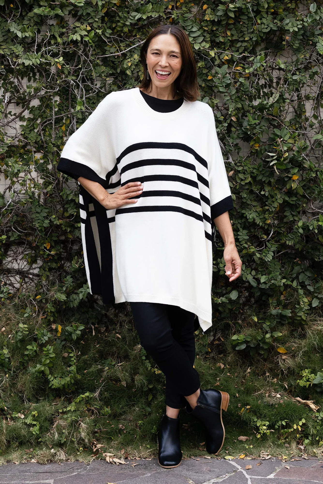 Fidelia White Stripe Knit Poncho