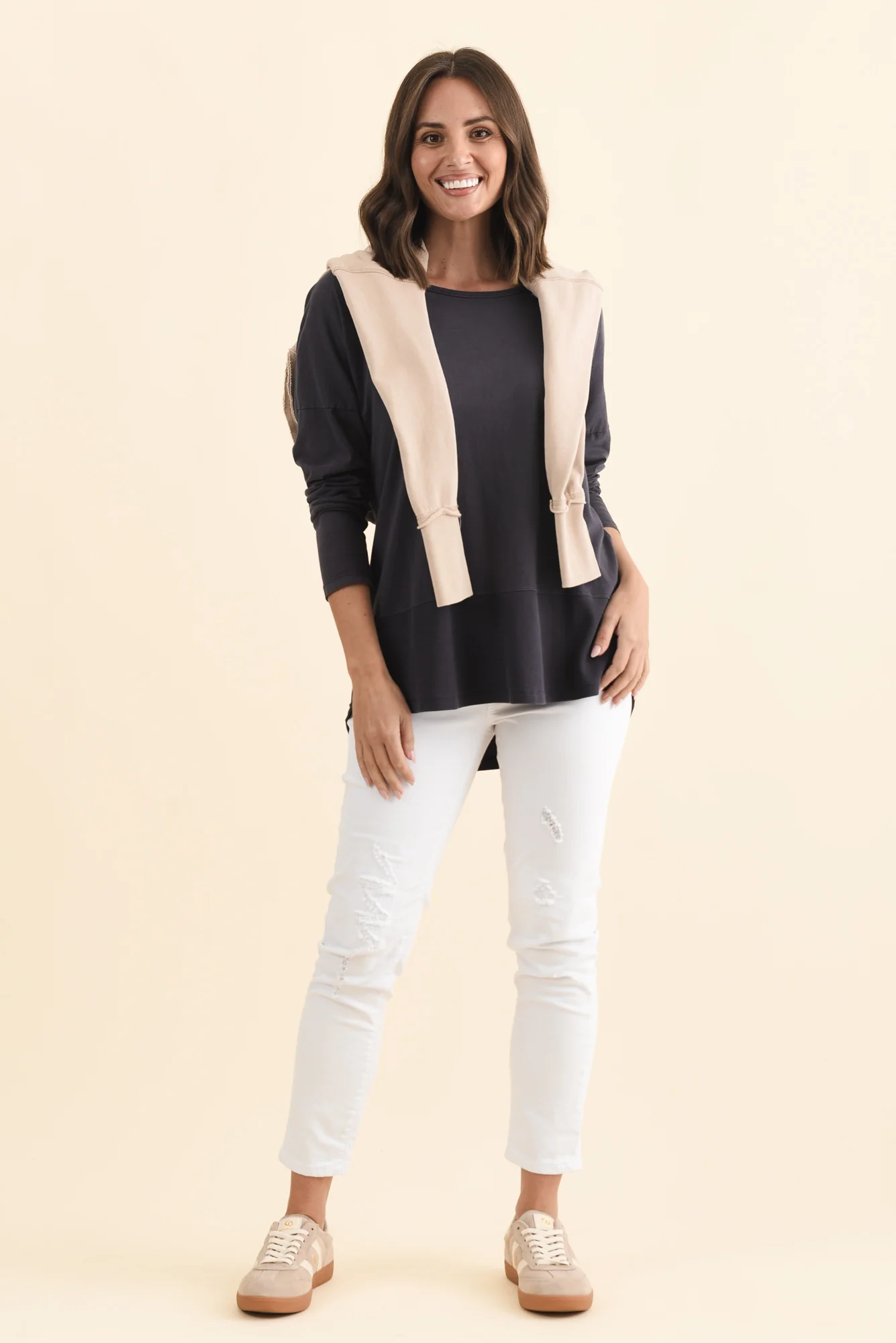 Fundamental Navy Cotton Rib Sleeved Top - Image 2