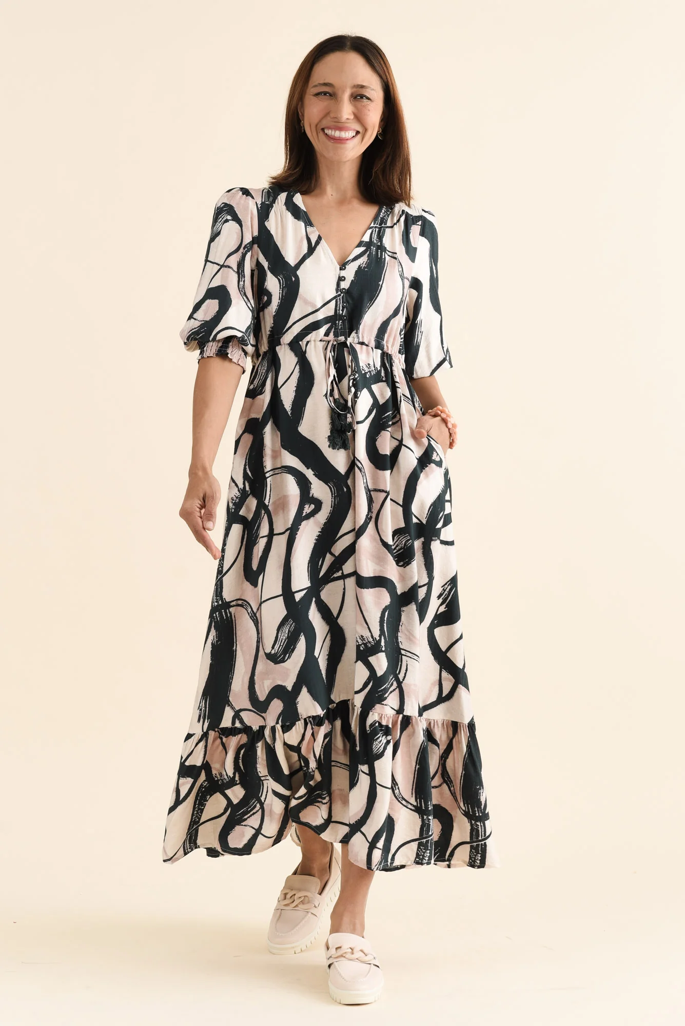 Gilda Black Brush Stroke Tie Dress - Image 6
