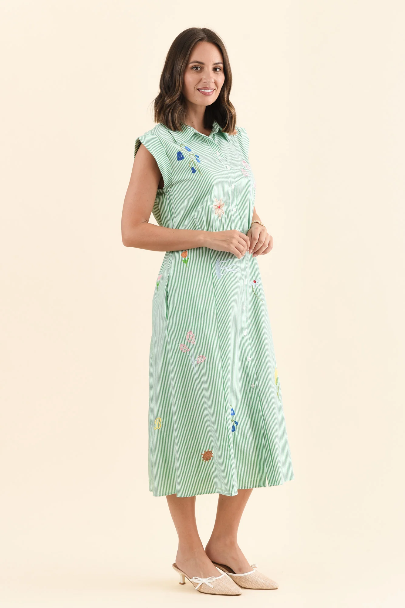 Gloria Green Stripe Cotton Tie Dress - Image 3