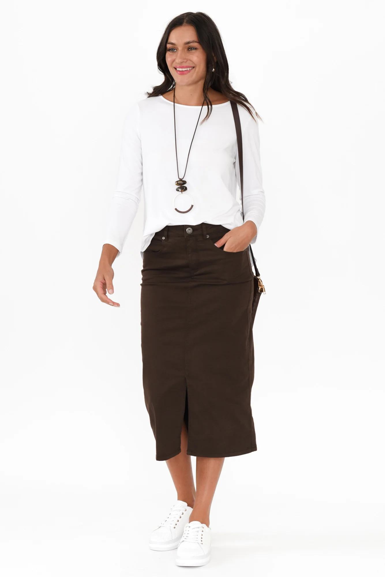 Harriet Chocolate Denim Midi Skirt - Image 2