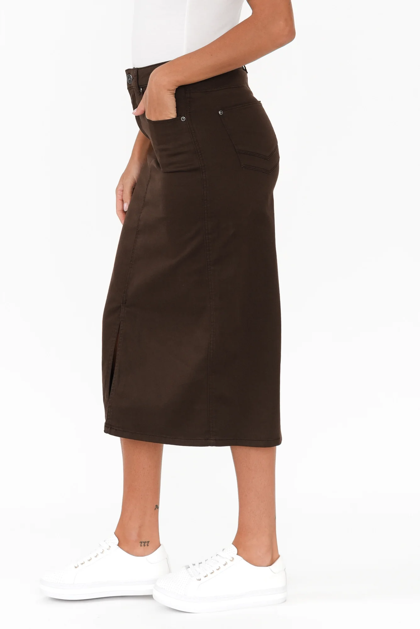 Harriet Chocolate Denim Midi Skirt - Image 3