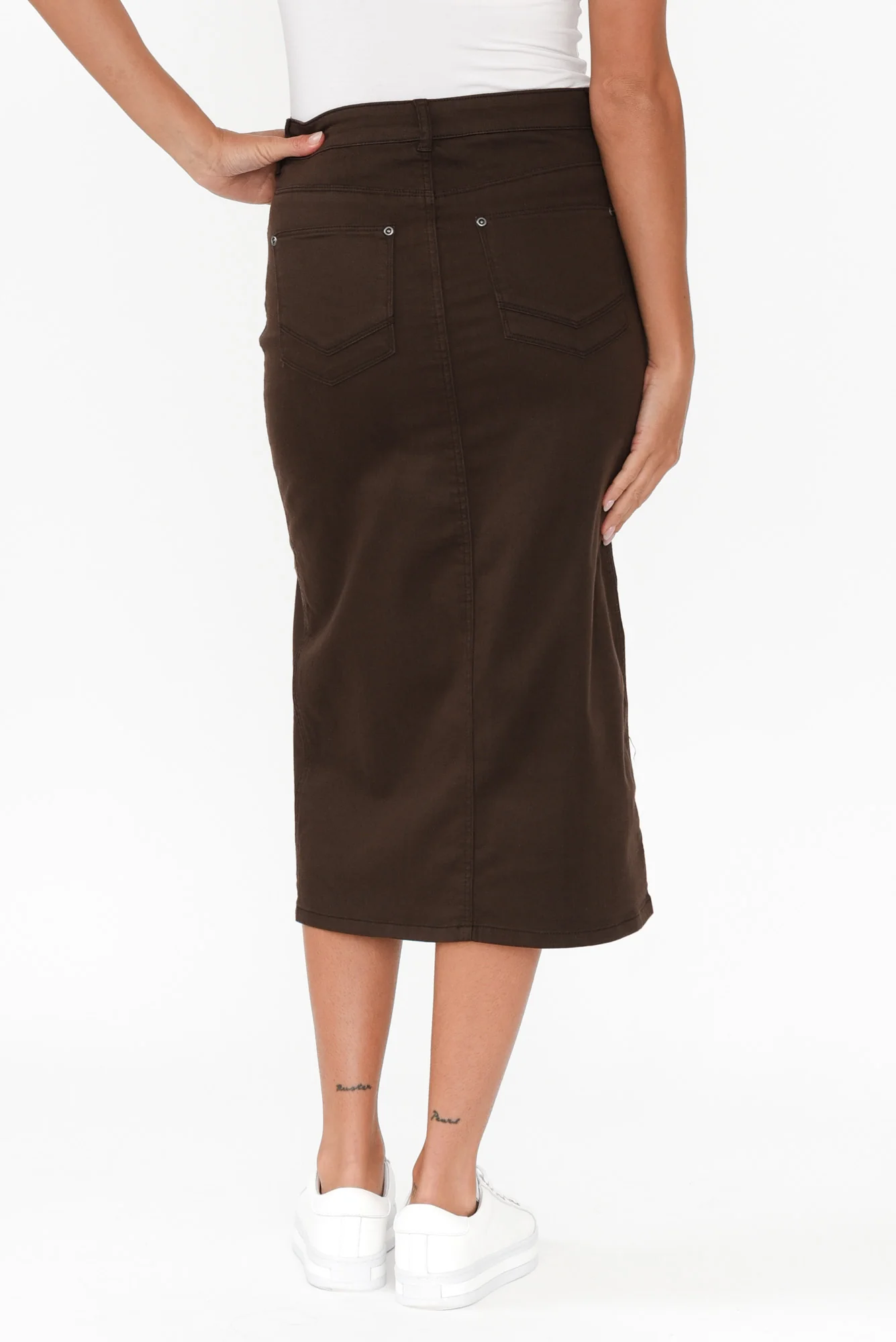 Harriet Chocolate Denim Midi Skirt - Image 4