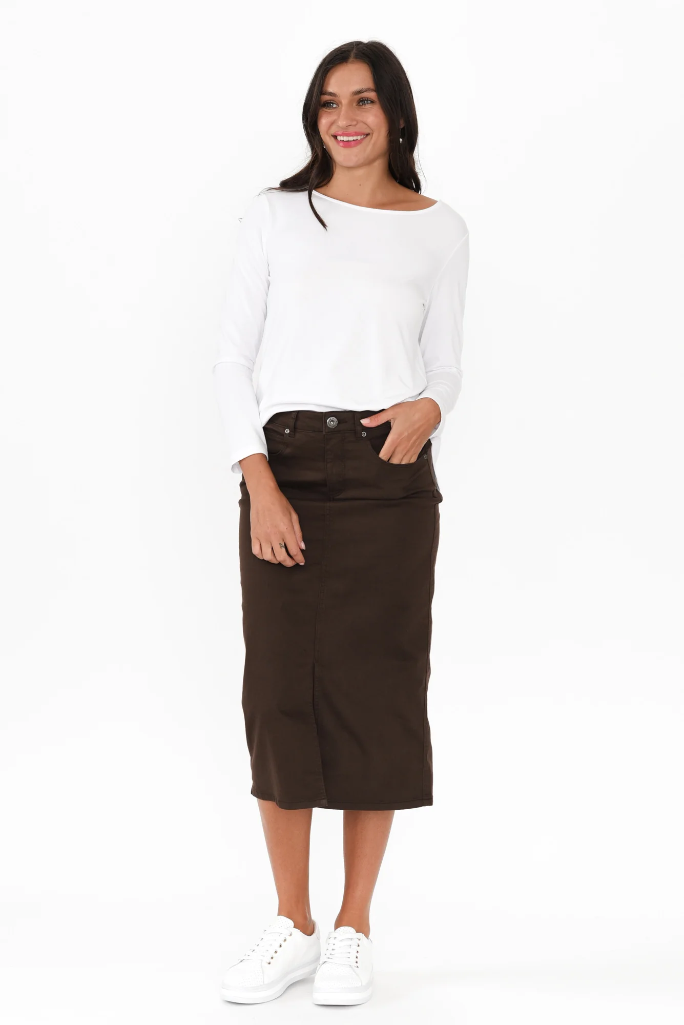 Harriet Chocolate Denim Midi Skirt - Image 6