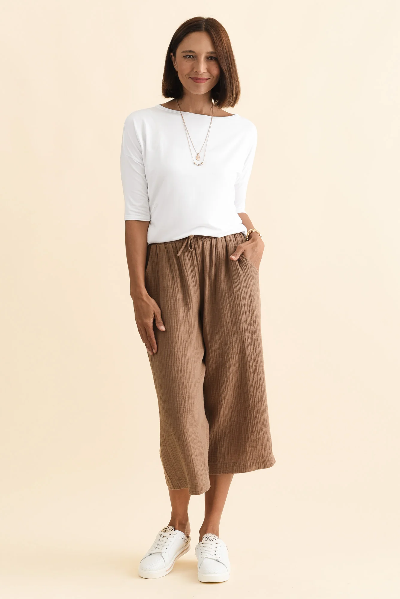 Harvey Mocha Cotton Cheesecloth Cropped Pants - Image 7