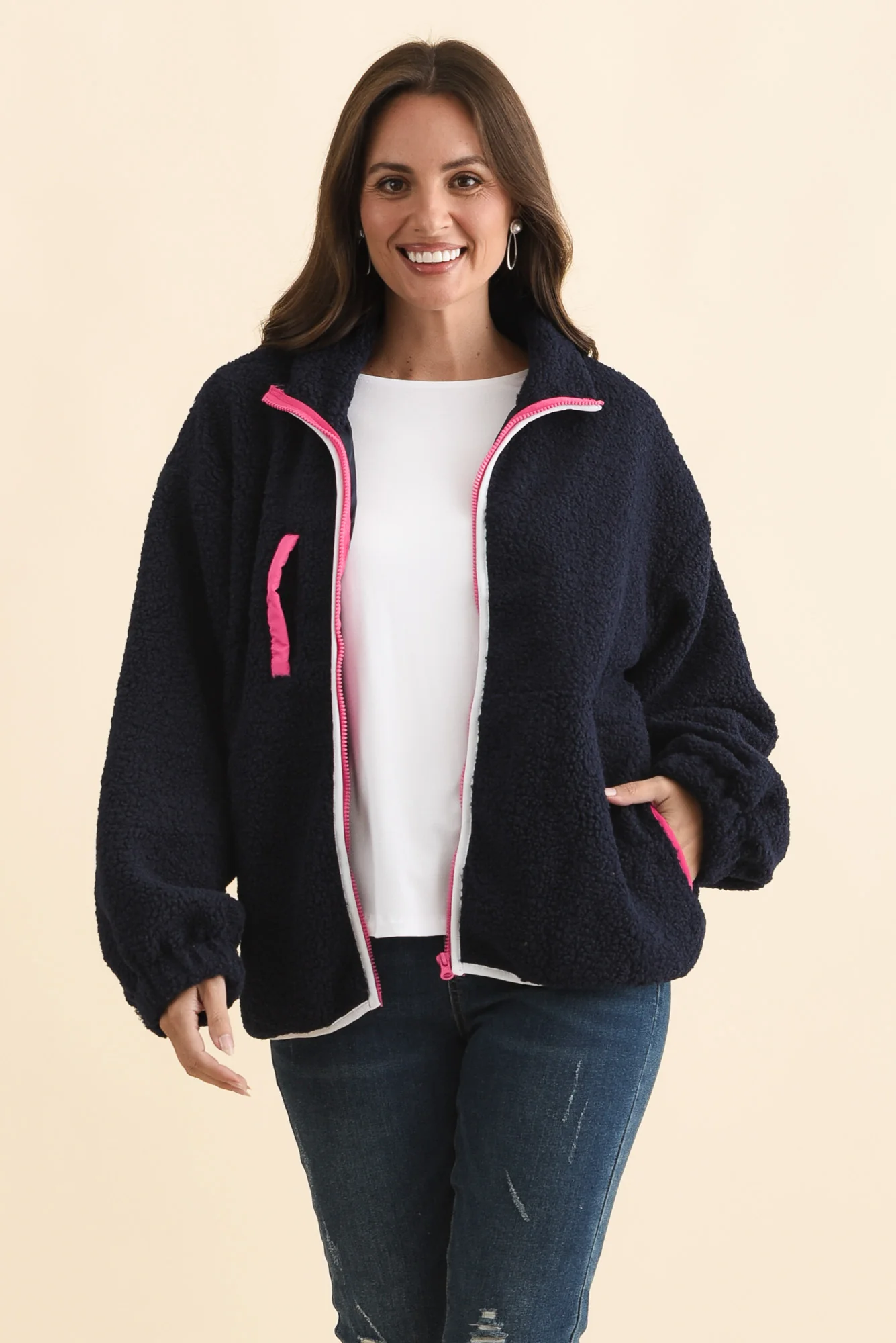 Jayne Navy Contrast Fleece Jacket
