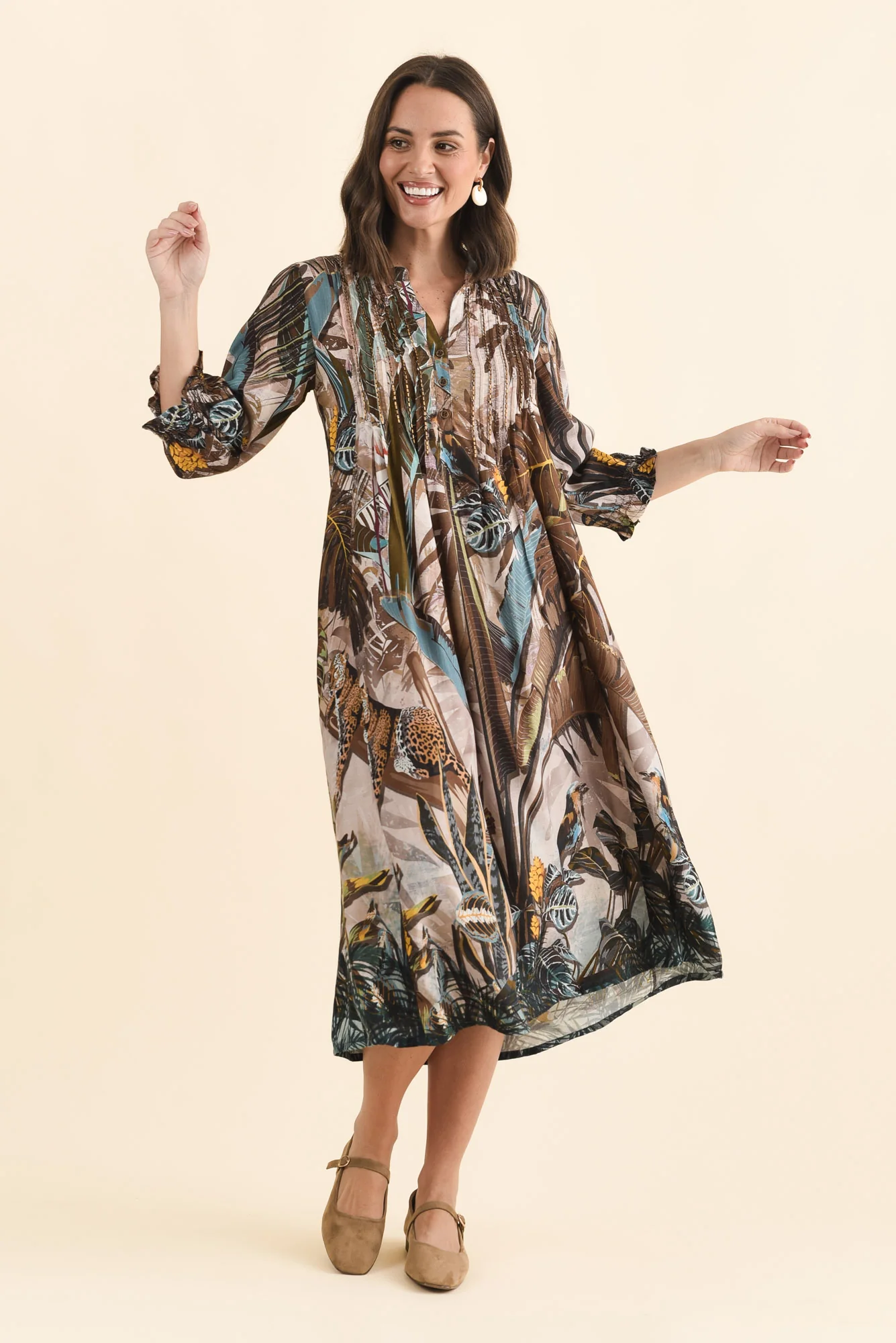 Kalmia Brown Jungle Pleated Tie Dress - Image 3