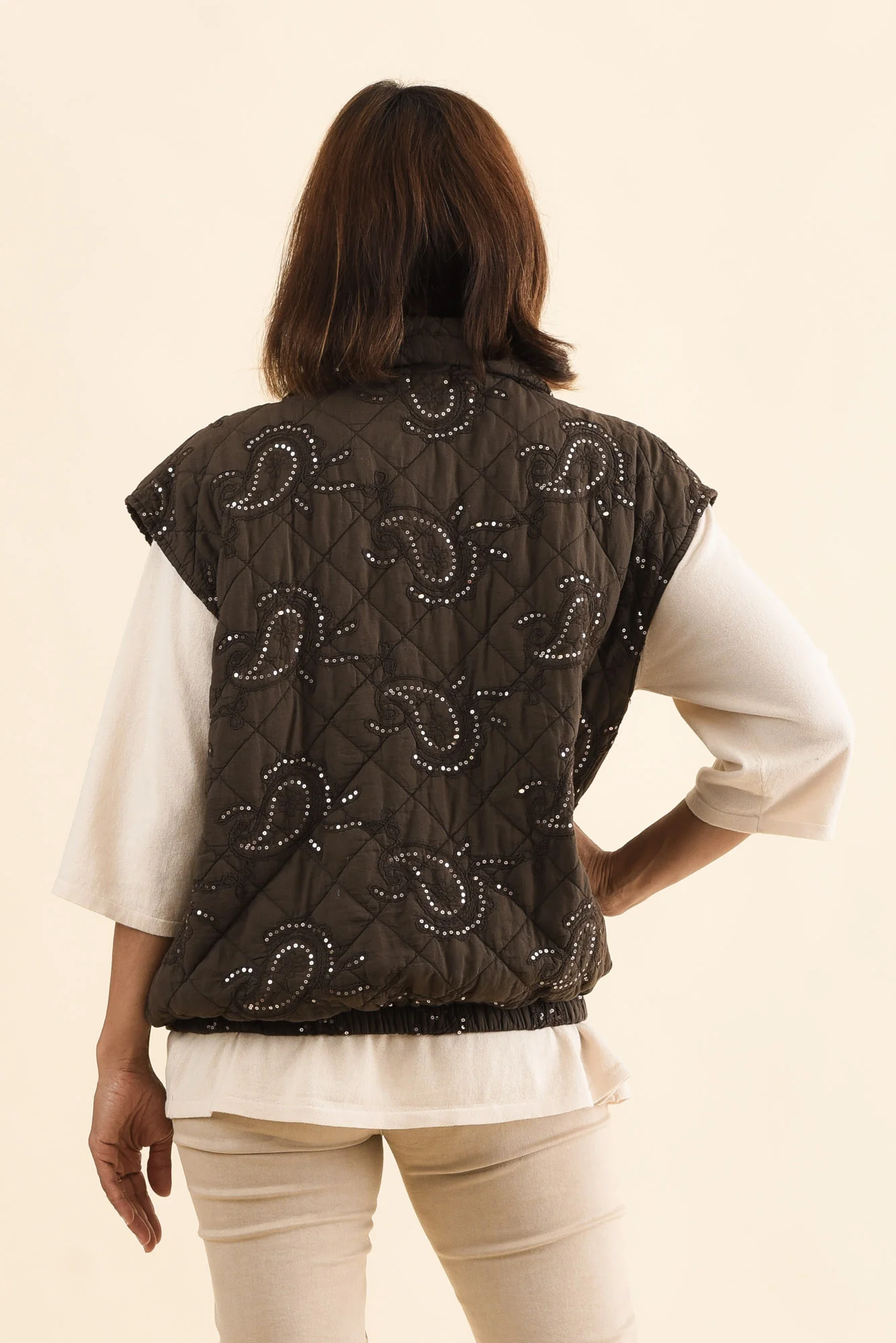 Kaylani Chocolate Sequin Quilted Vest - Image 5