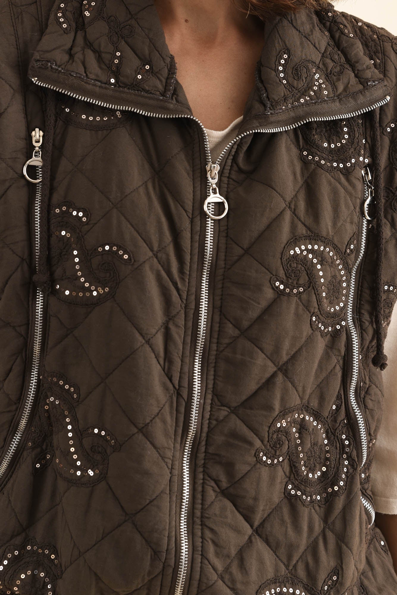 Kaylani Chocolate Sequin Quilted Vest - Image 6