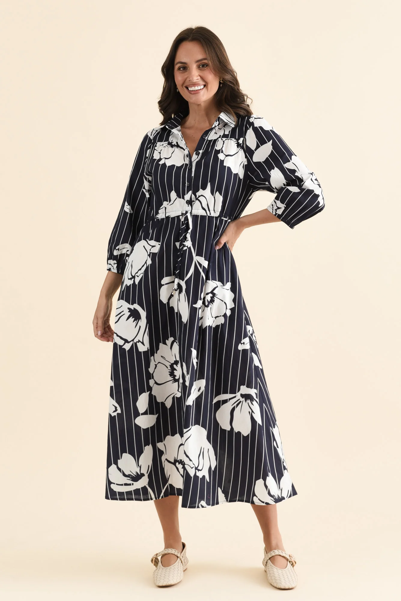 Keaton Navy Floral Stripe Tie Dress - Image 6