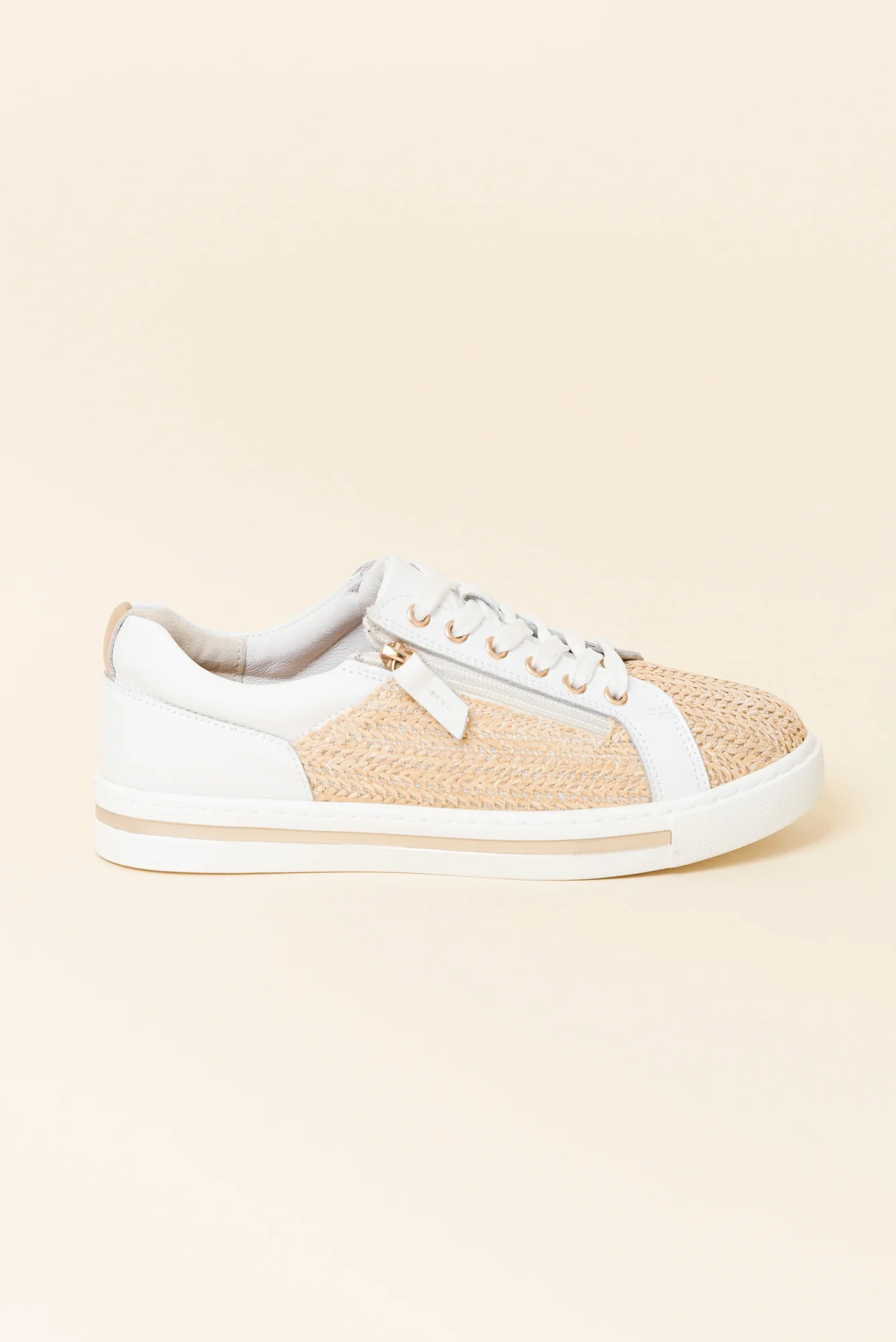 Koko White Raffia Leather Zip Sneaker