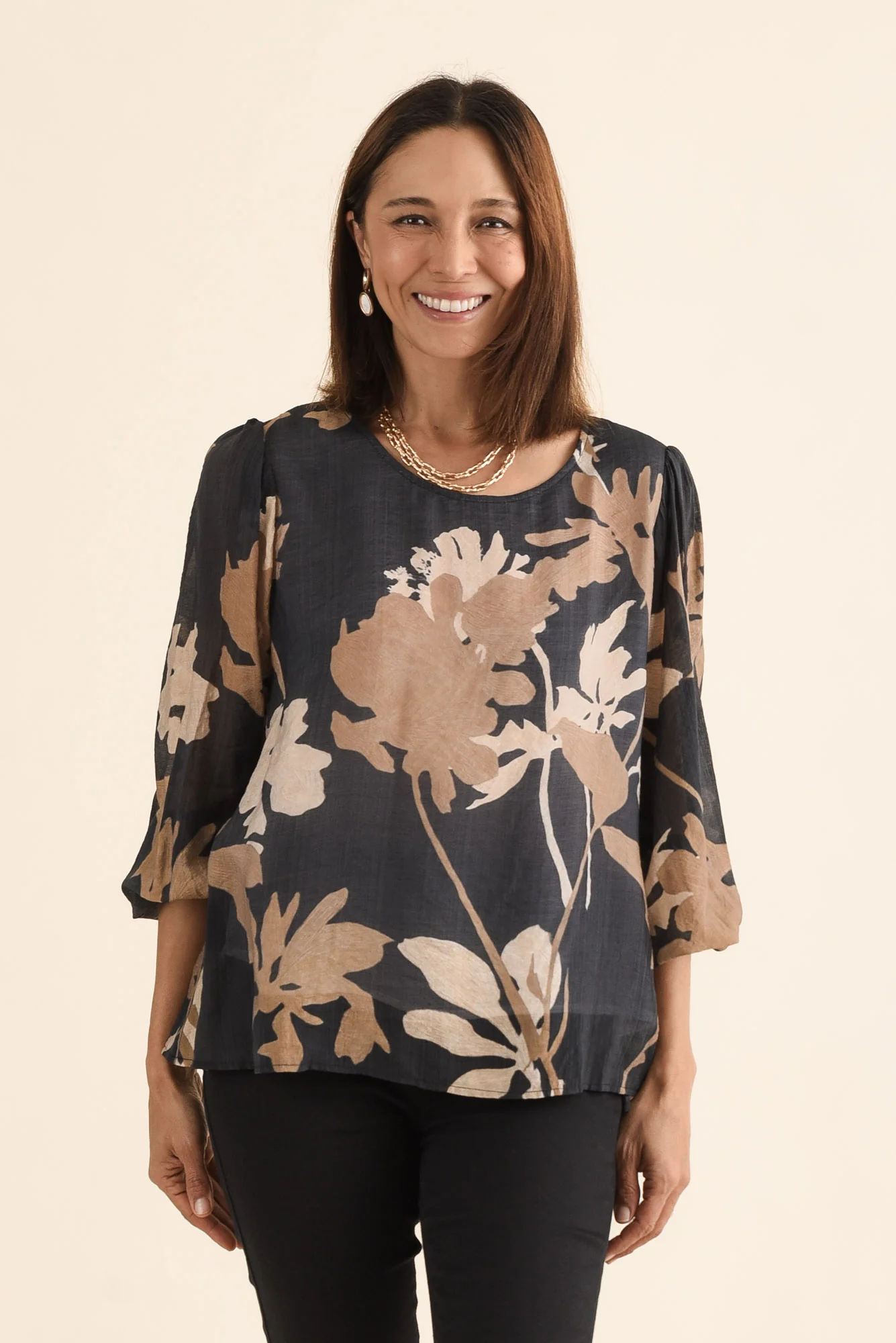 Lenah Black Floral Sleeved Top
