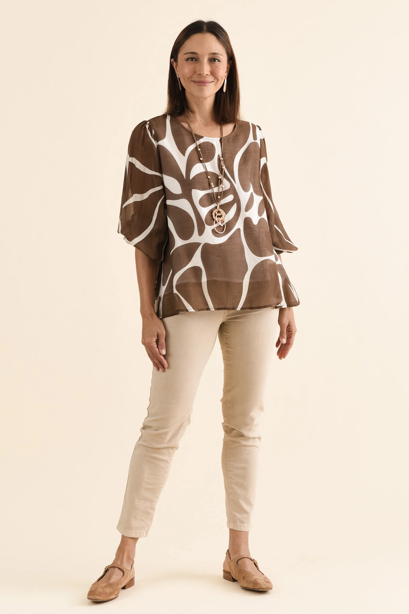 Lenah Mocha Abstract Sleeved Top - Image 6