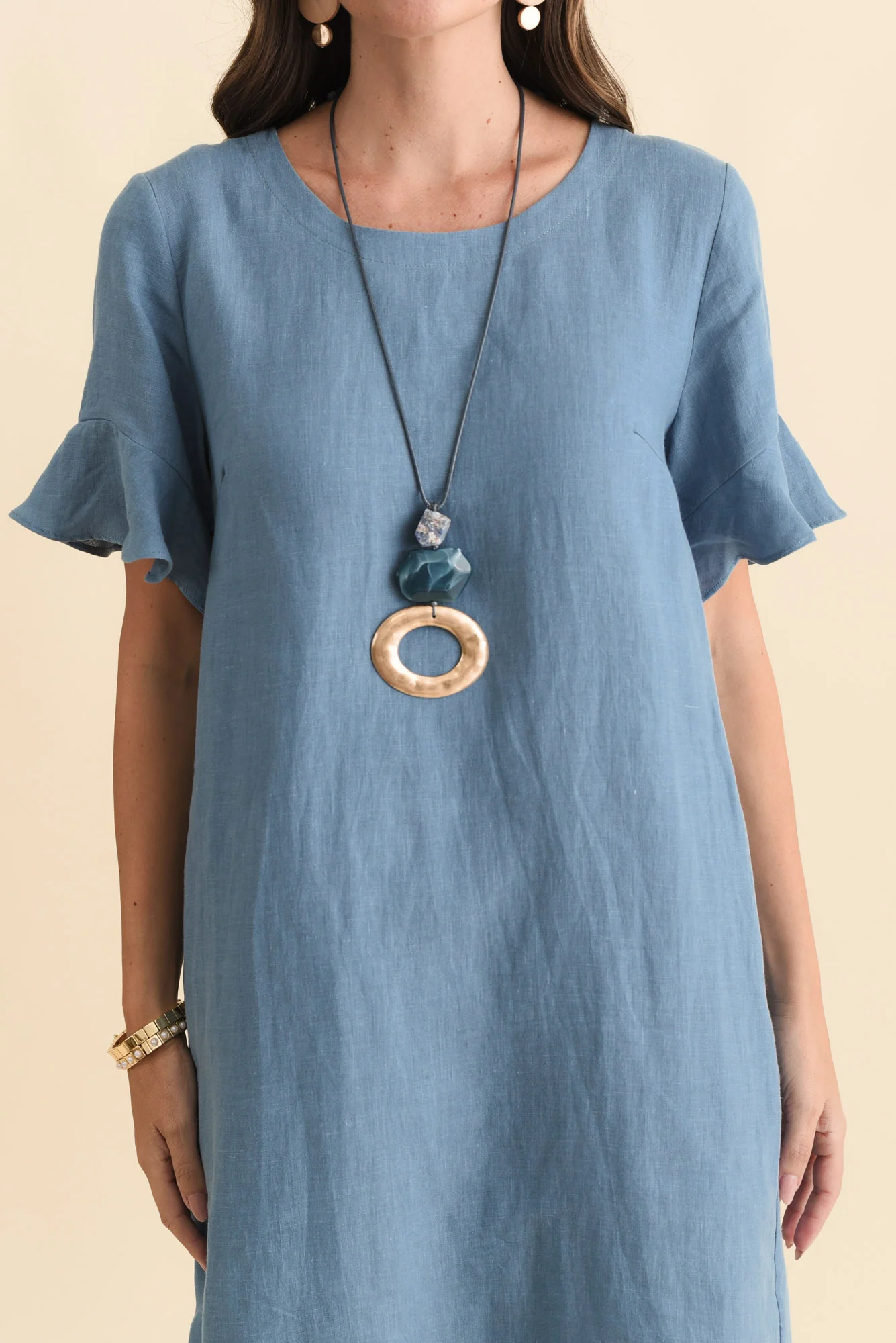 Lesley Blue Linen Flutter Sleeve Dress - Image 5