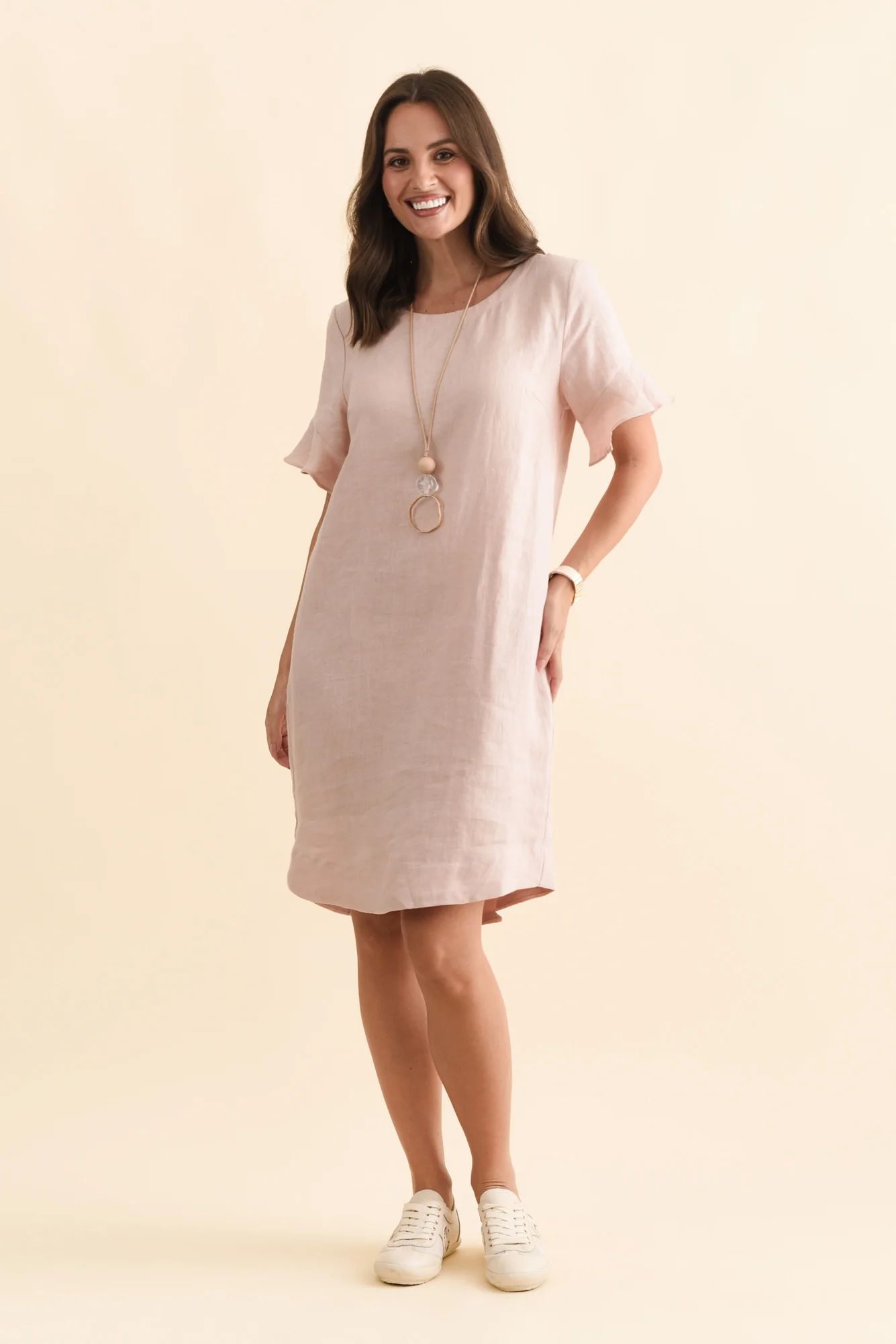Lesley Blush Linen Flutter Sleeve Dress - Image 6