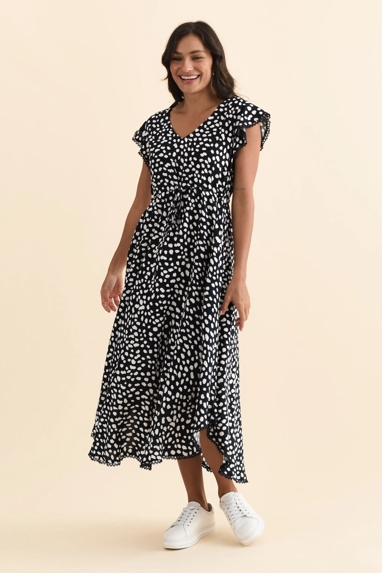 Libby Navy Spot Midi Dress - Image 2