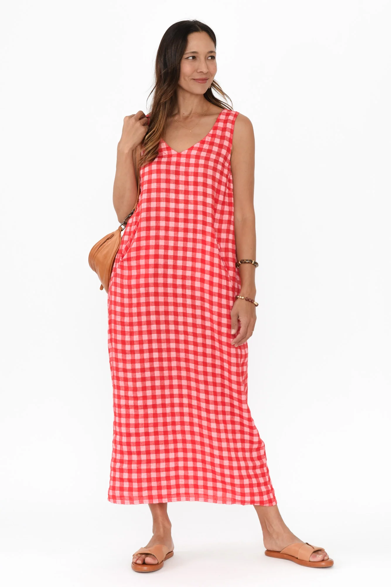 Lisa Red Check Linen Pocket Dress - Image 2