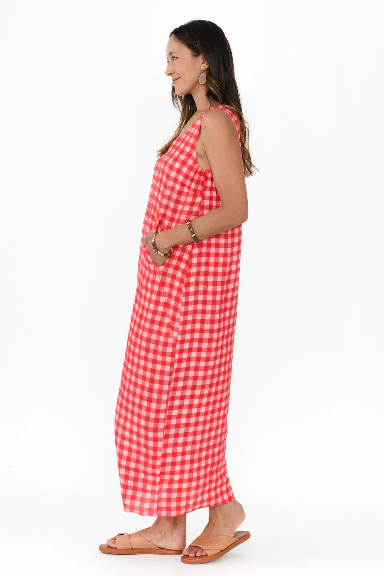 Lisa Red Check Linen Pocket Dress - Image 3
