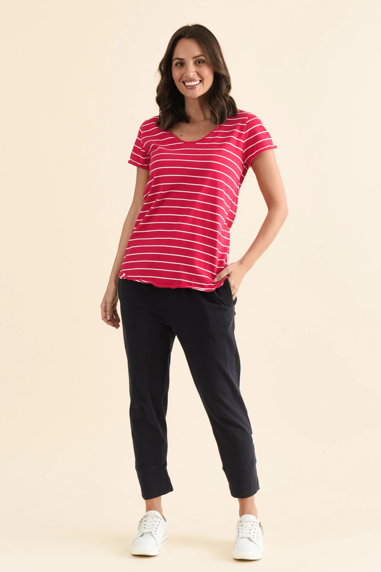 Maggie Fuchsia Stripe Cotton Vee Tee - Image 2