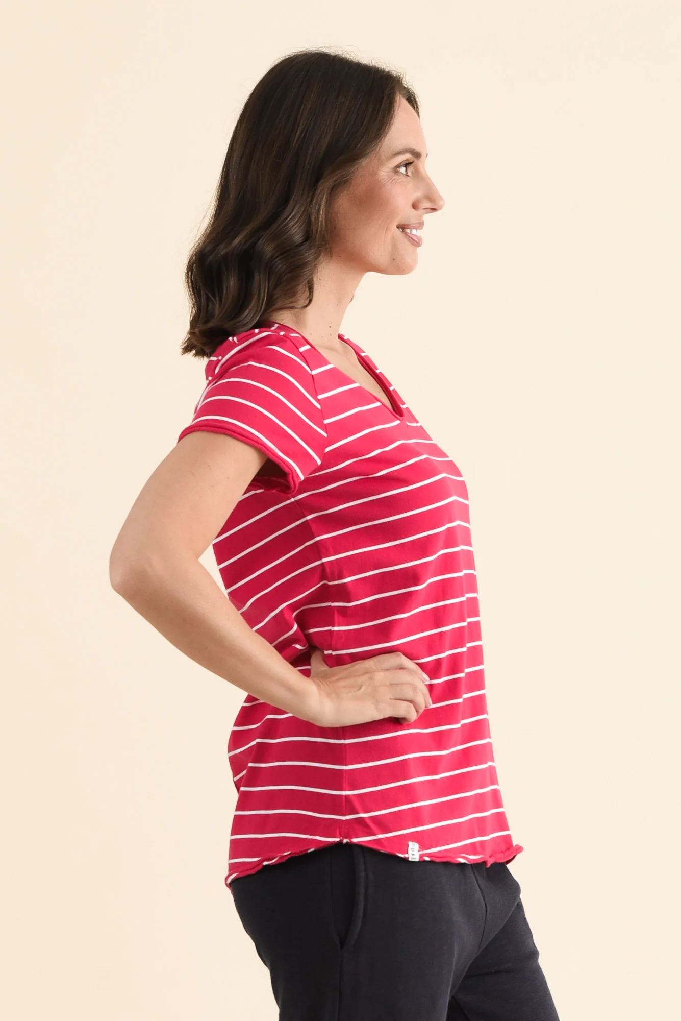 Maggie Fuchsia Stripe Cotton Vee Tee - Image 3