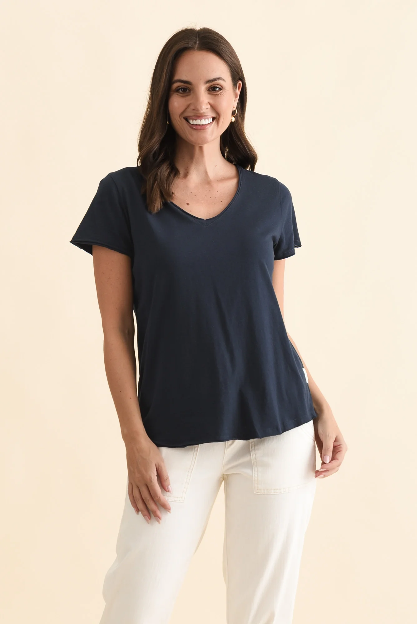 Maggie Navy Cotton Vee Tee