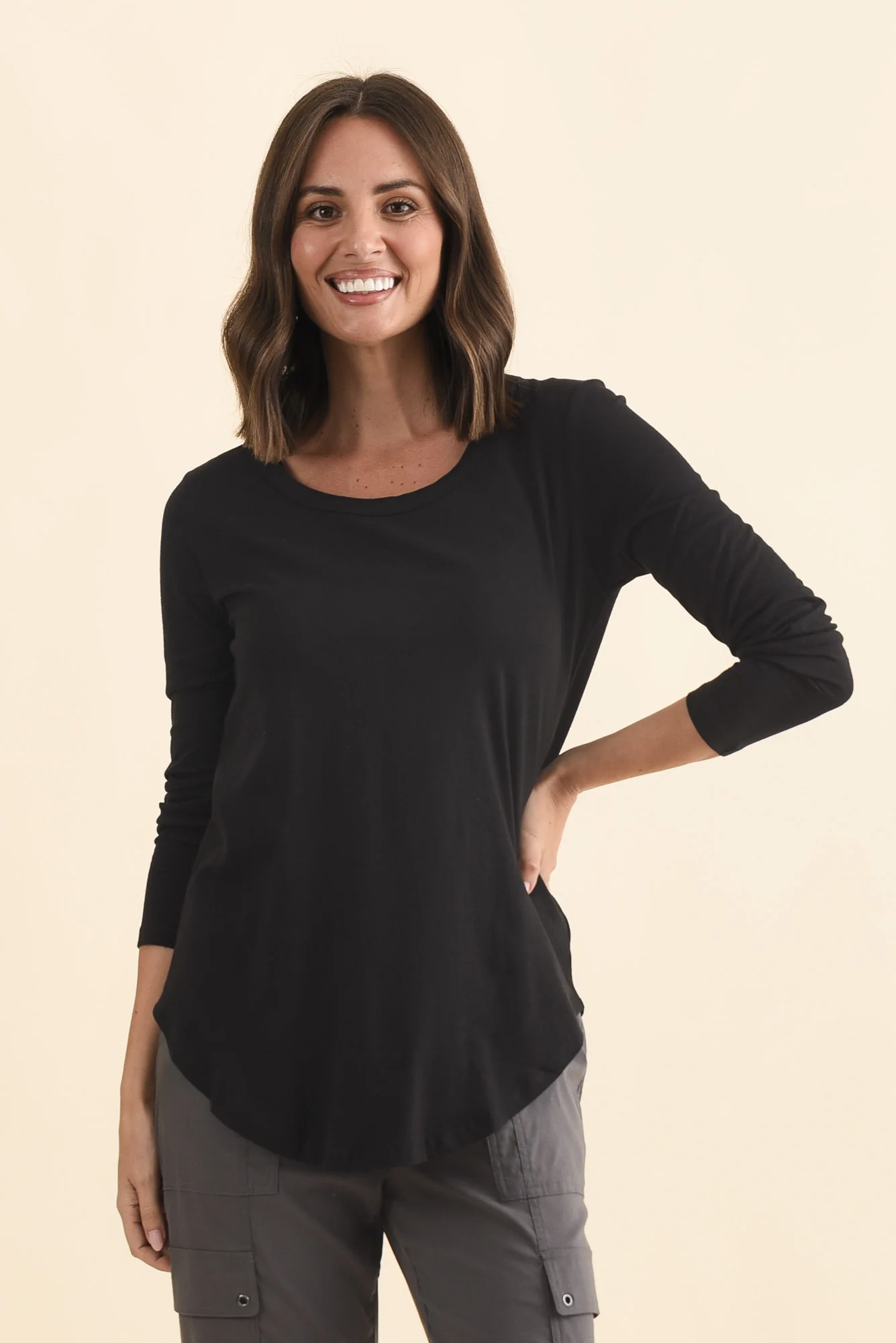 Megan Black Cotton Long Sleeve Top