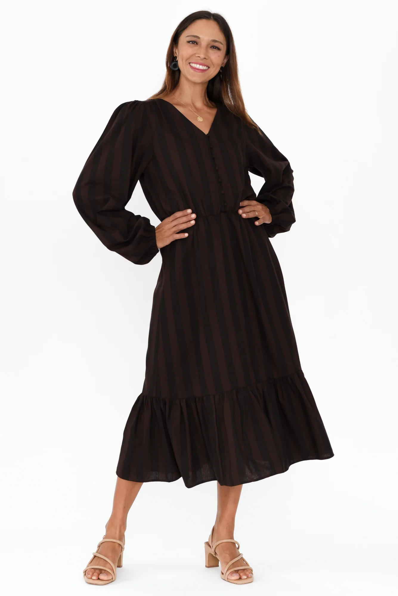 Melissa Chocolate Stripe Linen Blend Dress - Image 6