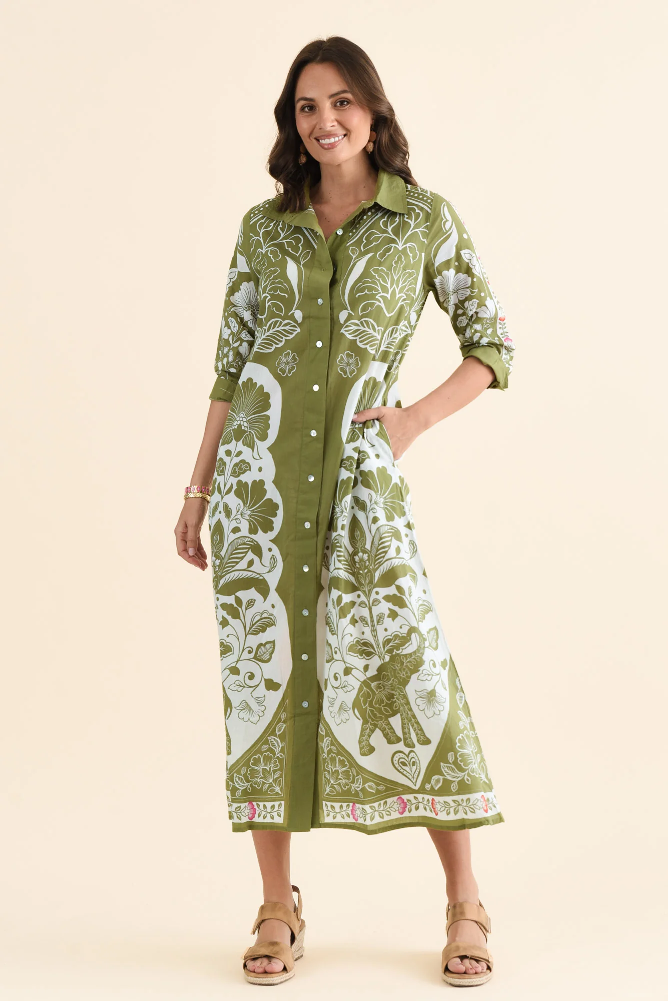 Melita Green Motif Cotton Shirt Dress - Image 2